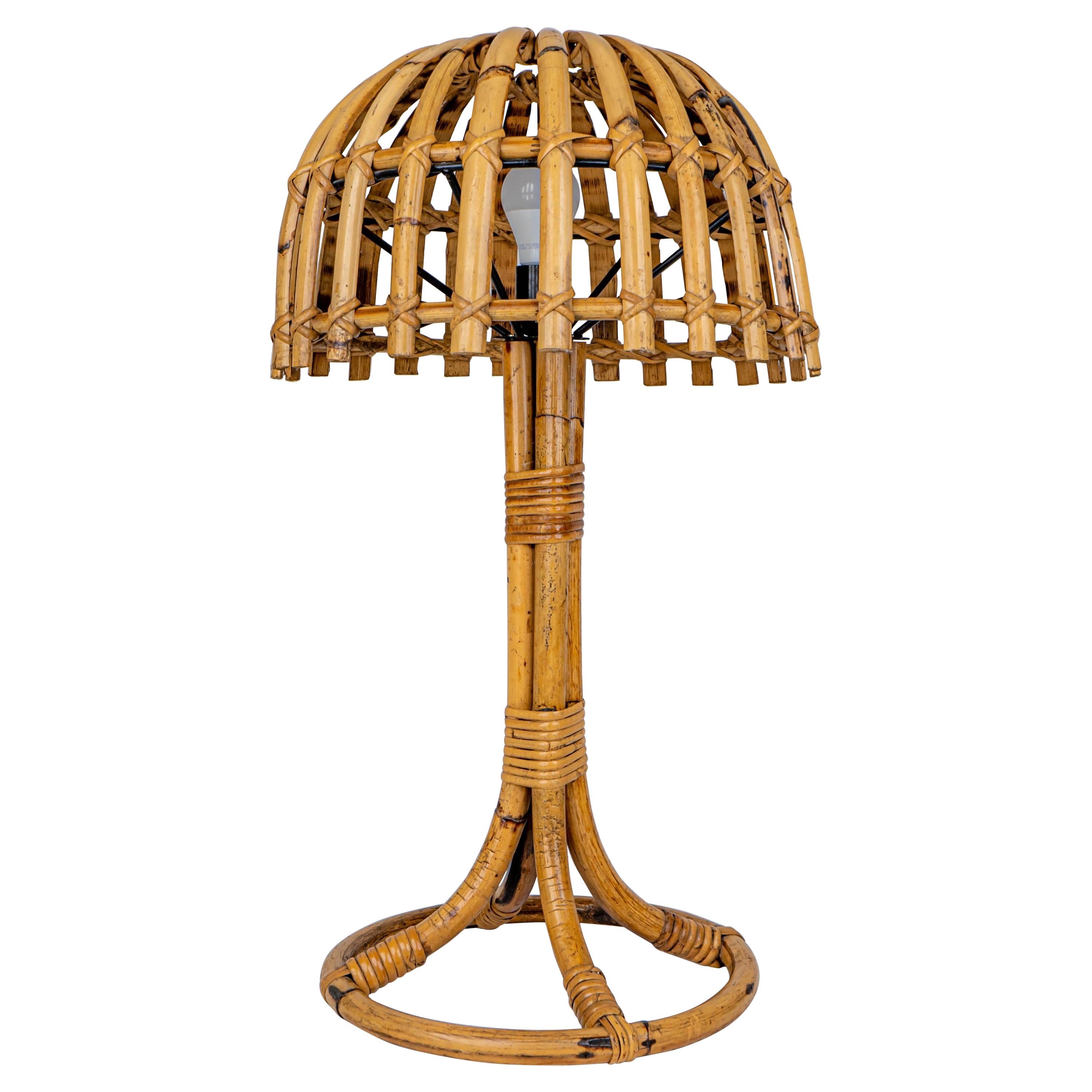 Mushroom Bamboo & Rattan Table Lamp Louis Sognot Style, France, 1960s