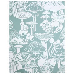 Vintage Mushroom City Designer Wallpaper in Color Botanica 'Soft White on Frost Green'