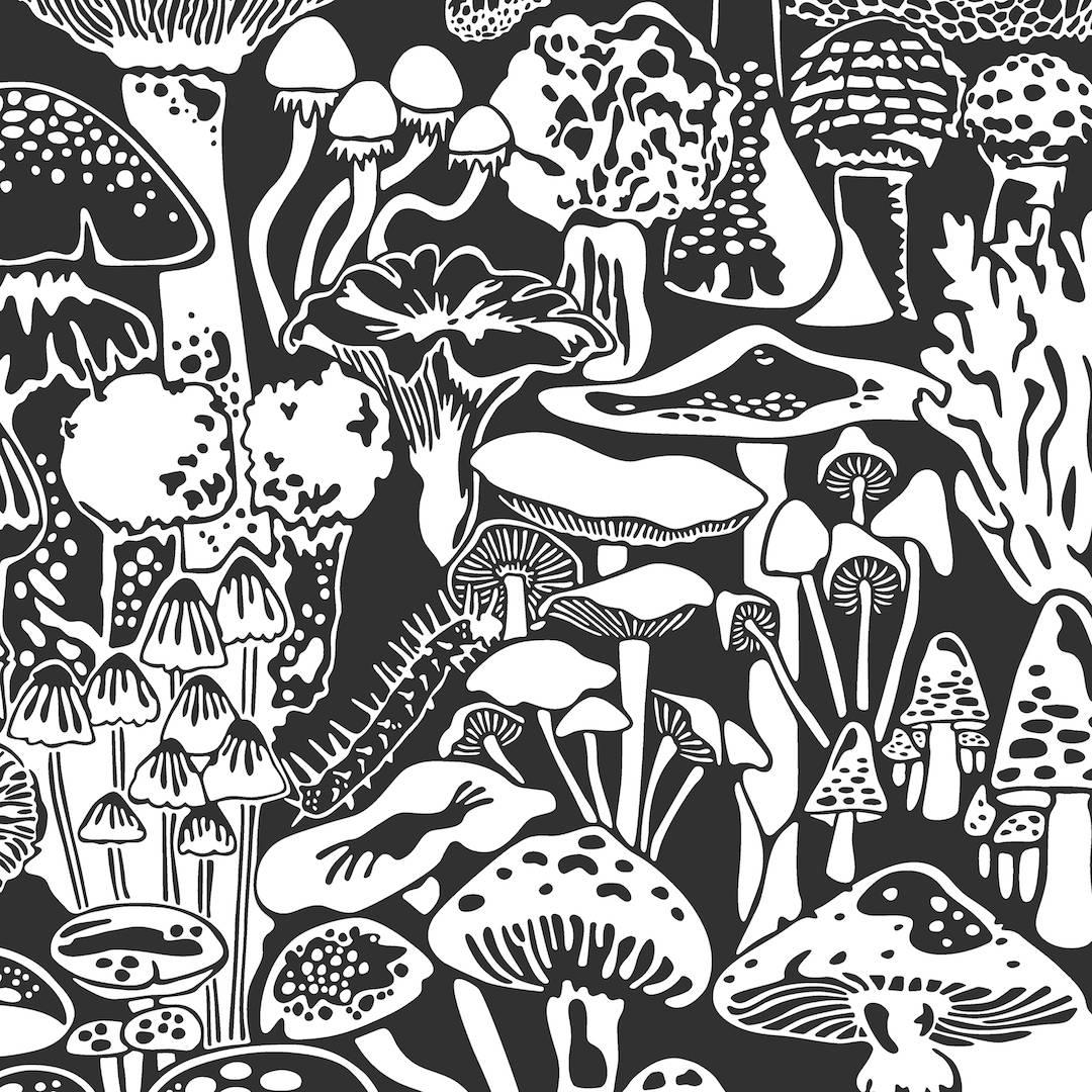 Peinture de designer Mushroom City en blanc et noir doux contrasté