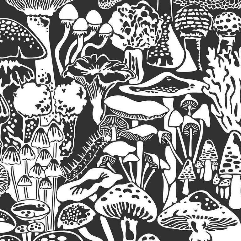 Mushroom City Designer Wallpaper in Contrast 'White and Soft Black' For Sale