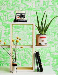 Mushroom City Designer Wallpaper in Ectoplasm 'Neon Green on Soft White'