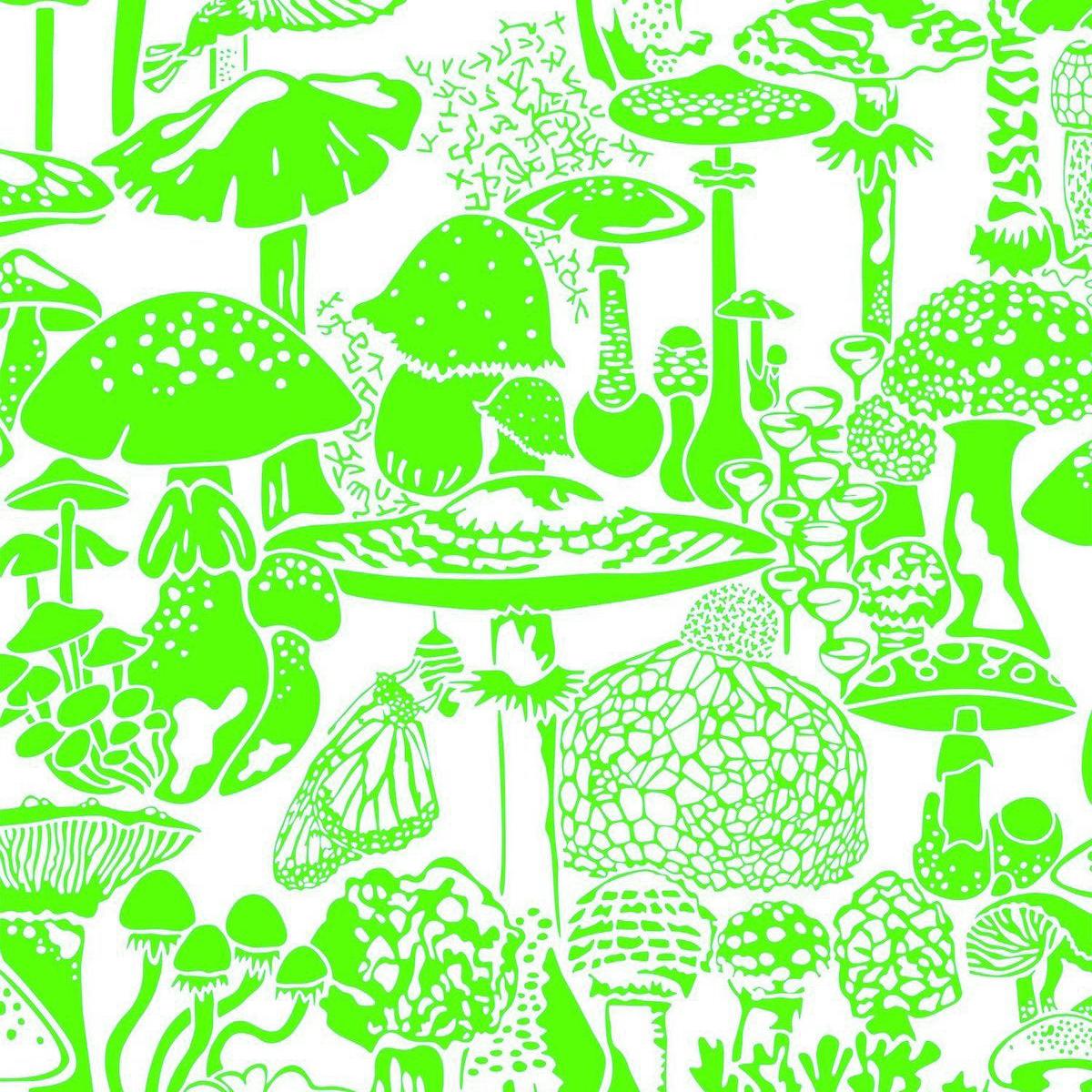 Papier peint Mushroom City Designer en éctoplasm vert fluo sur blanc doux