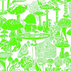 Mushroom City Designer Wallpaper in Ectoplasm 'Neon Green on Soft White'
