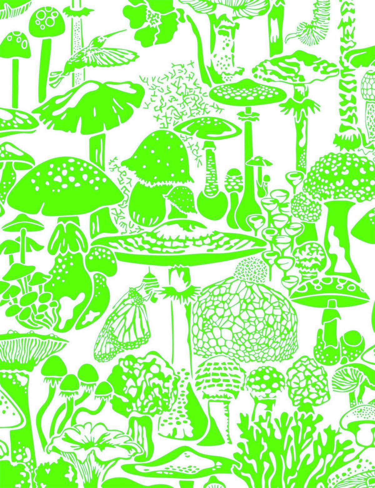 Papier peint Mushroom City Designer en éctoplasm vert fluo sur blanc doux Neuf - En vente à Brooklyn, NY