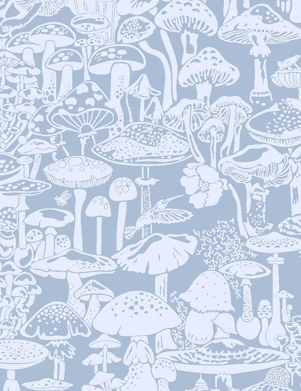 Papier peint de designer Mushroom City en glaçage bleu poudre et pervenche Neuf - En vente à Brooklyn, NY