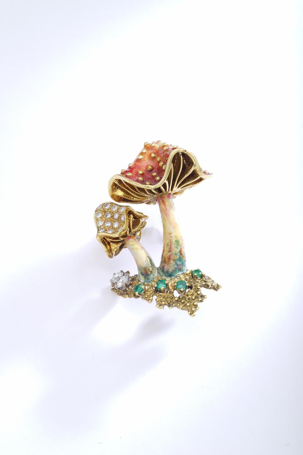 Emerald Cut Mushroom Couple Enamel Emerald Diamond Gold Brooch