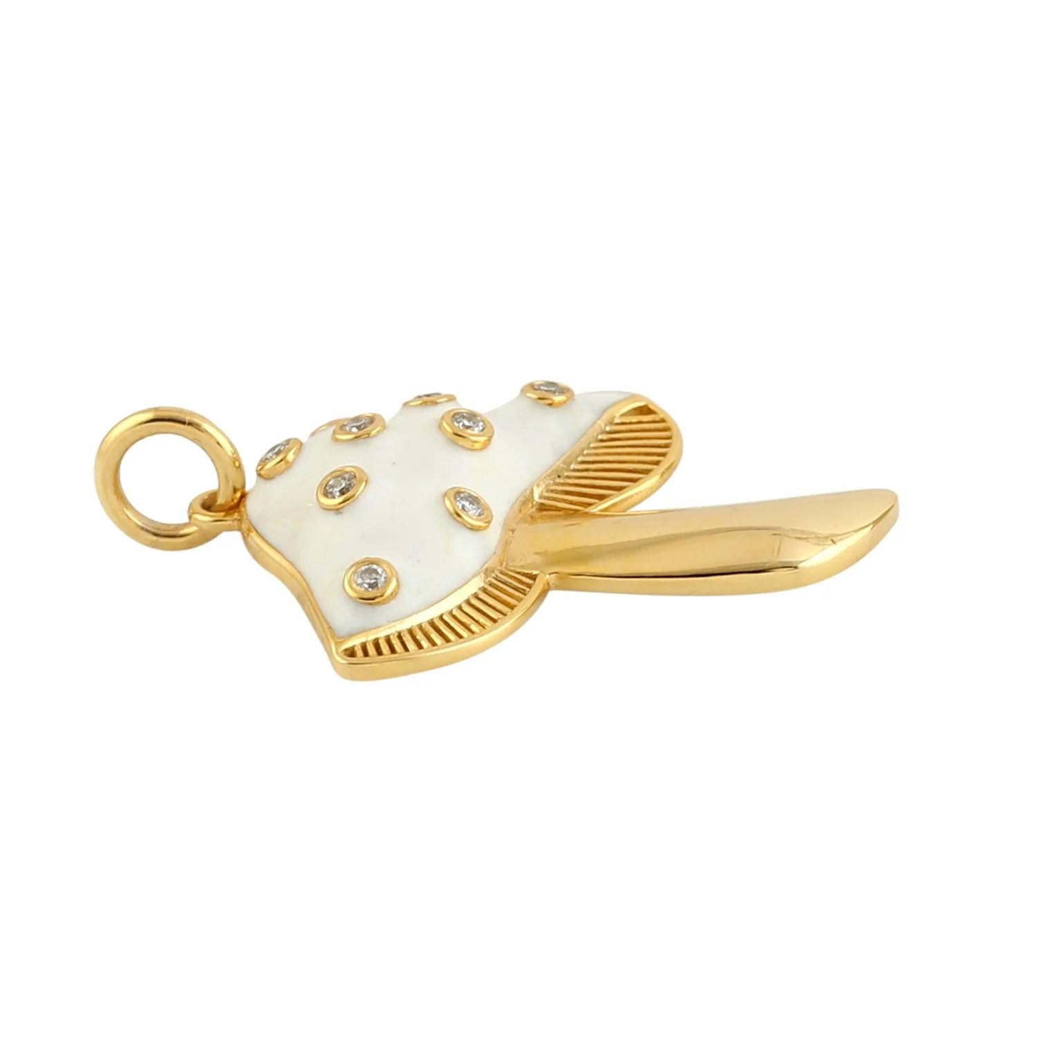 Modern Mushroom Diamond 14k Gold White Enamel Pendant Necklace For Sale