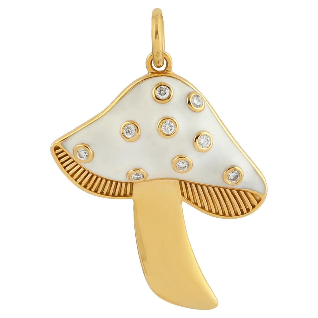 Mushroom Diamond 14k Gold White Enamel Pendant Necklace For Sale