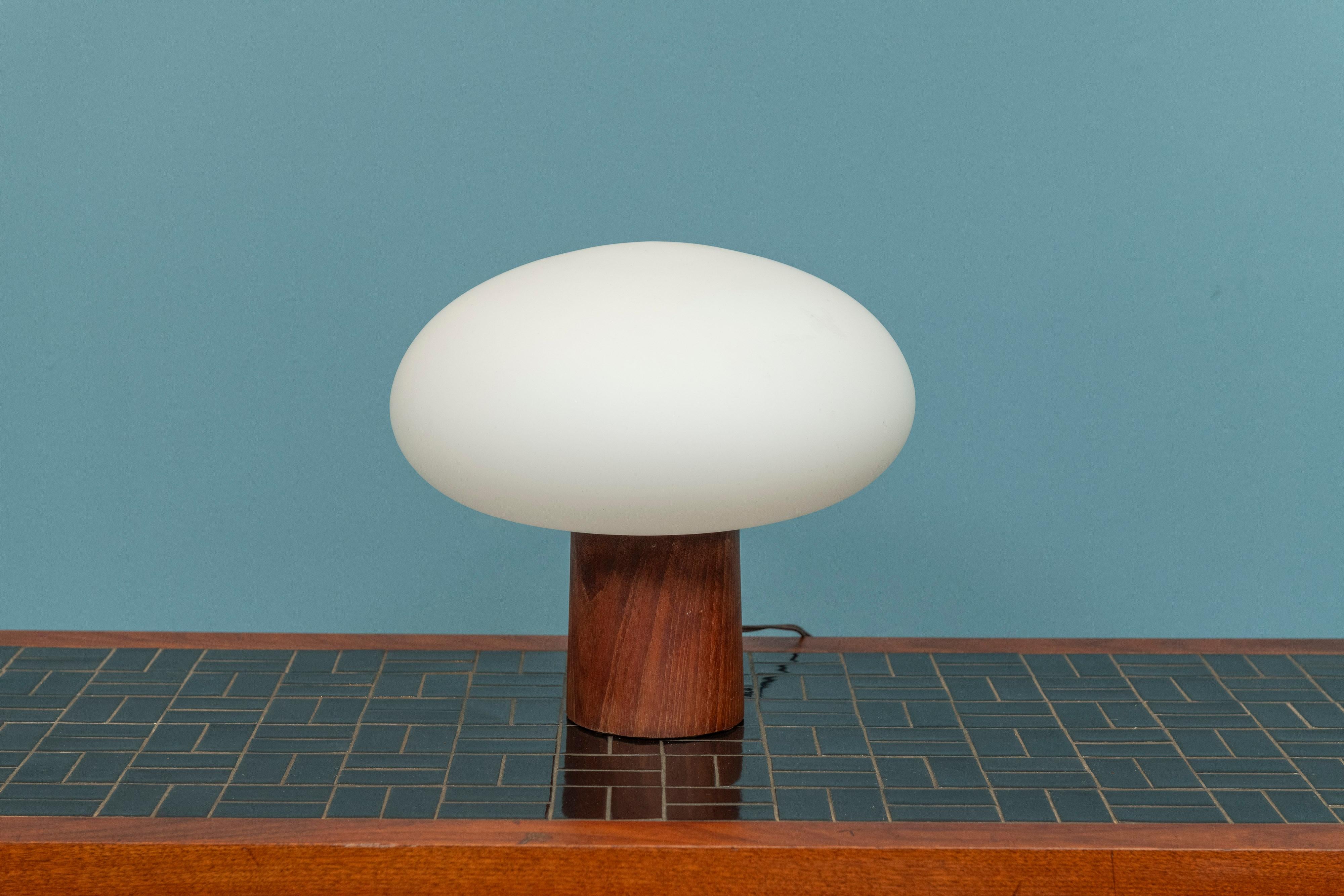 Mushroom lamp by the Laurel Lamp Company. Frosted glass shade on a walnut veneered metal base. The table lamp works as it should and is ready to install and enjoy.