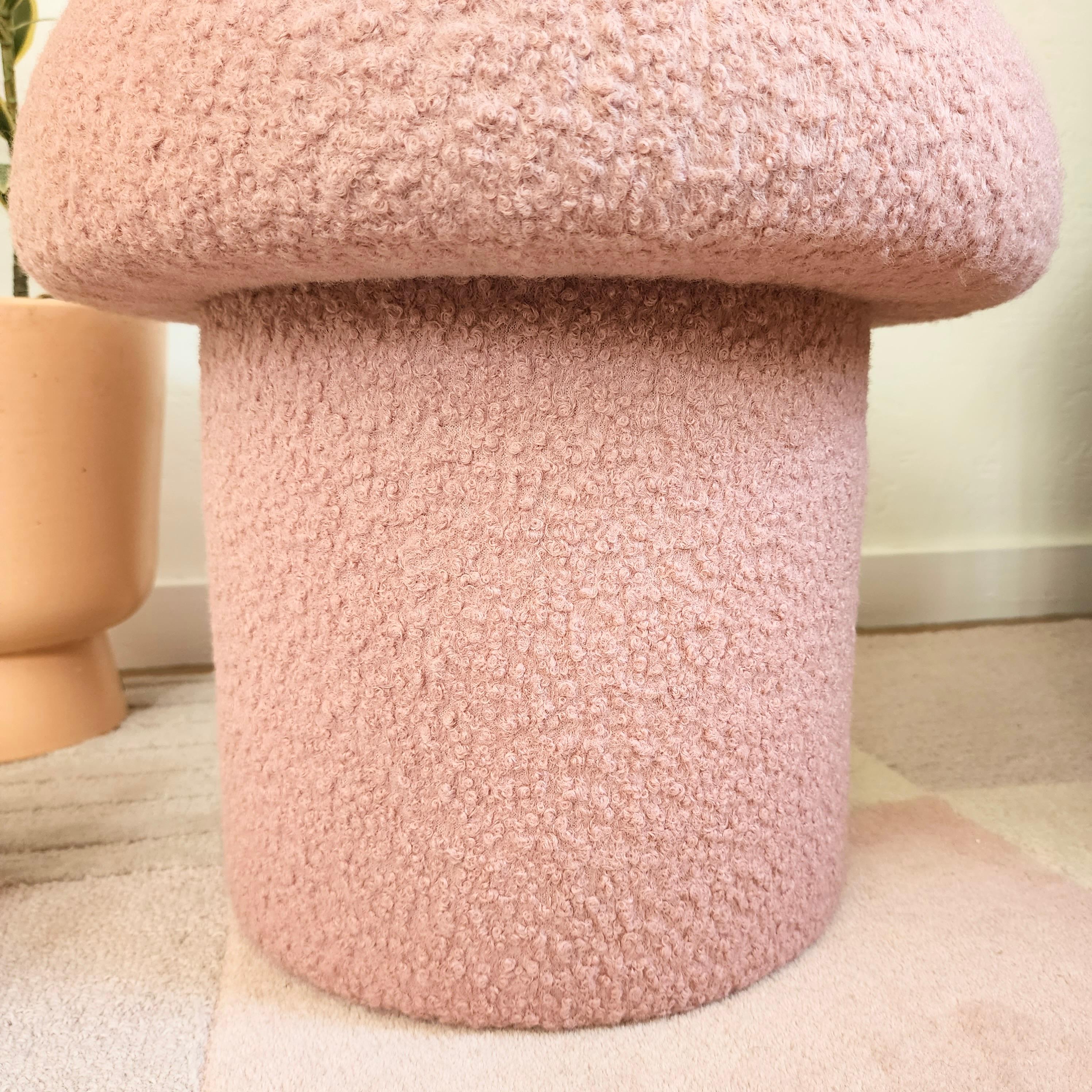 Mid-Century Modern Mushroom Ottoman in Blush Pink Boucle