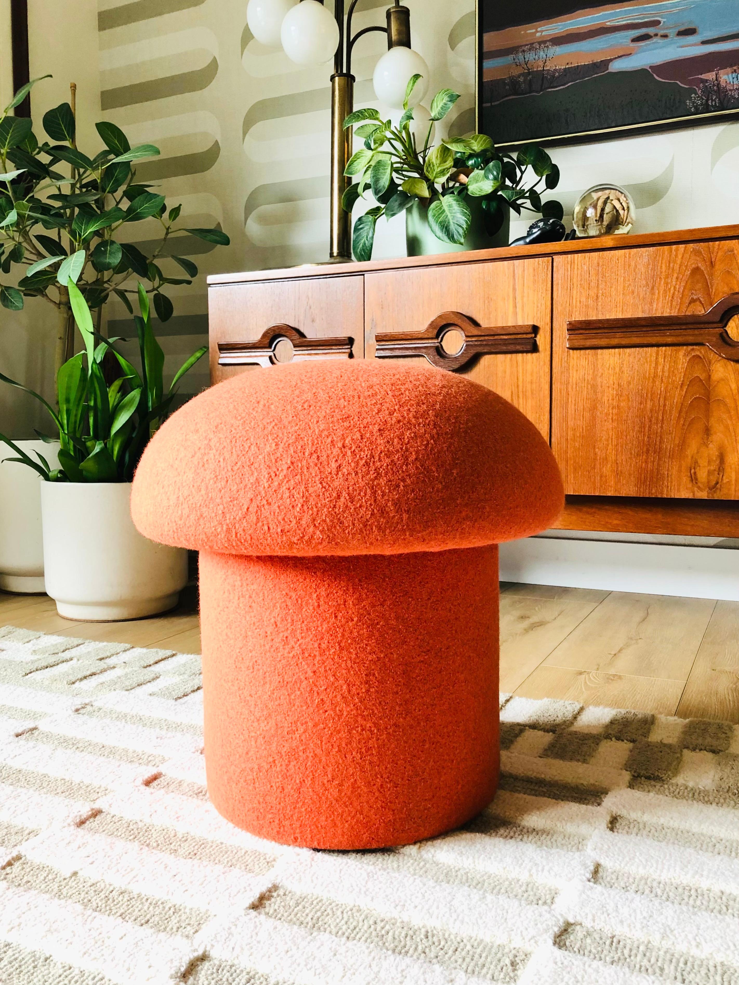 Mid-Century Modern Mushroom Ottoman in Carrot Wool For Sale
