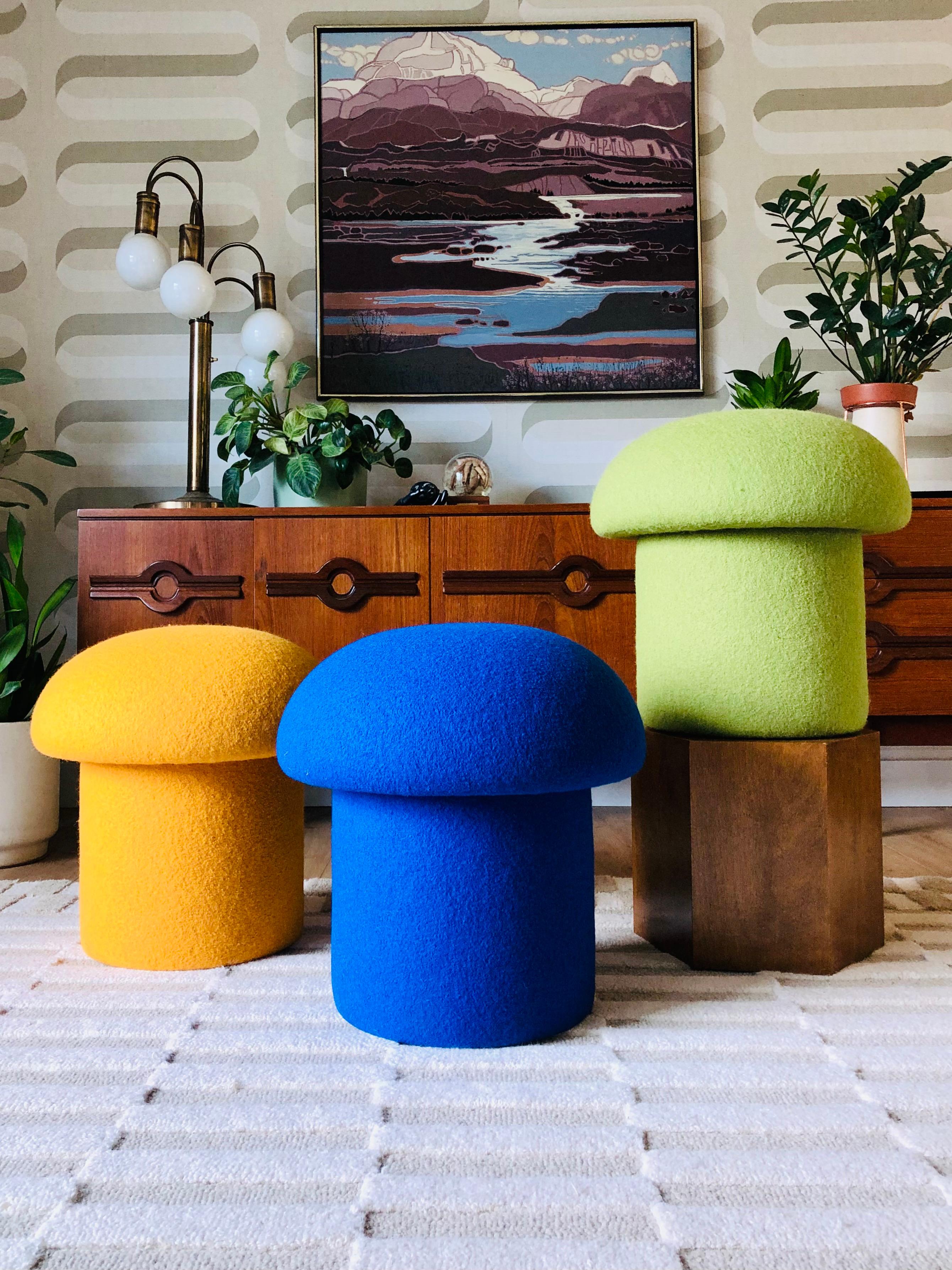 Mid-Century Modern Mushroom Ottoman in Cobalt Wool For Sale