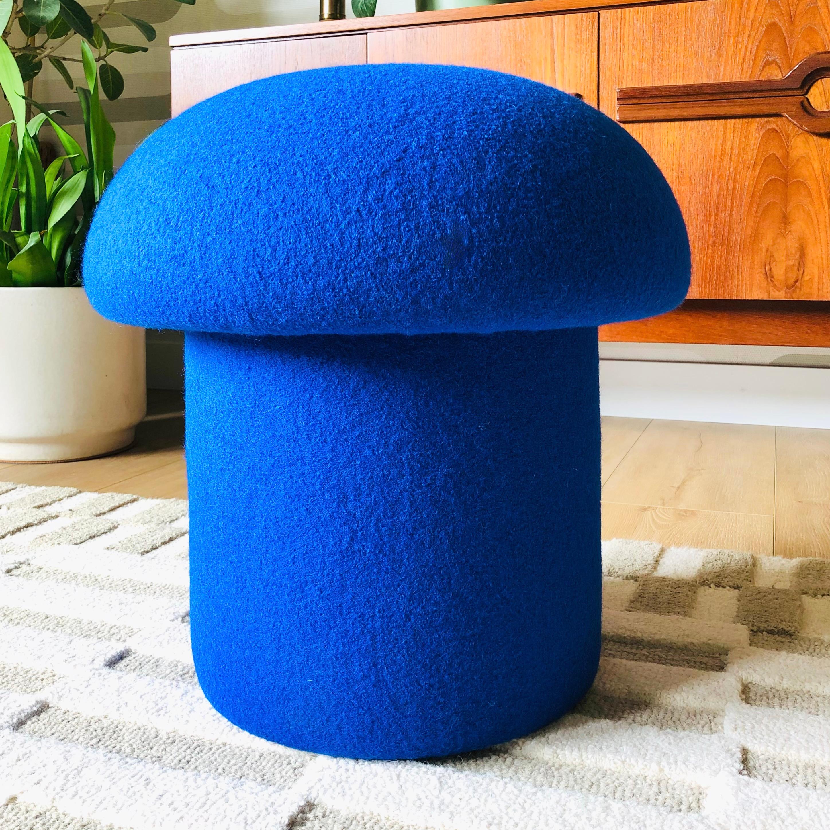 Contemporary Mushroom Ottoman in Cobalt Wool For Sale
