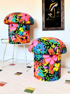 Mushroom Ottoman in Colorful Floral Mid Century Vintage Fabric