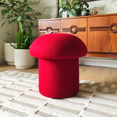 Contemporary Mushroom Ottoman Pouf in Goji Red Boiled Wool, Handmade