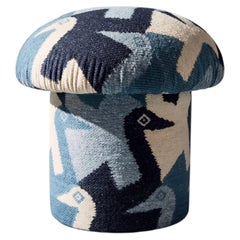 Handmade Mushroom Ottoman Pouf in Lagoon Birds, Blue Abstract Bird Pattern