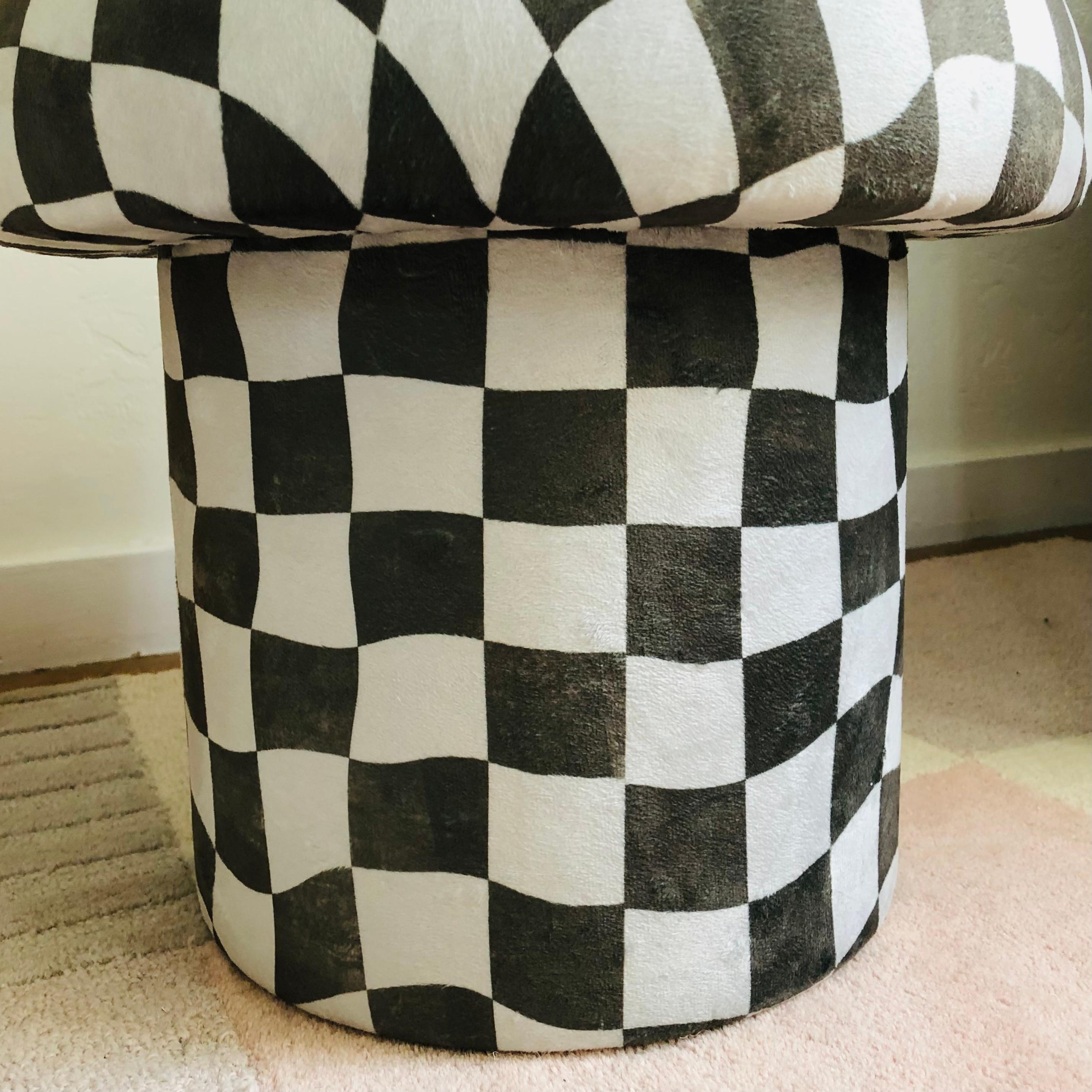 American Mushroom Ottoman in Muted Olive Warped Checkered Velvet For Sale