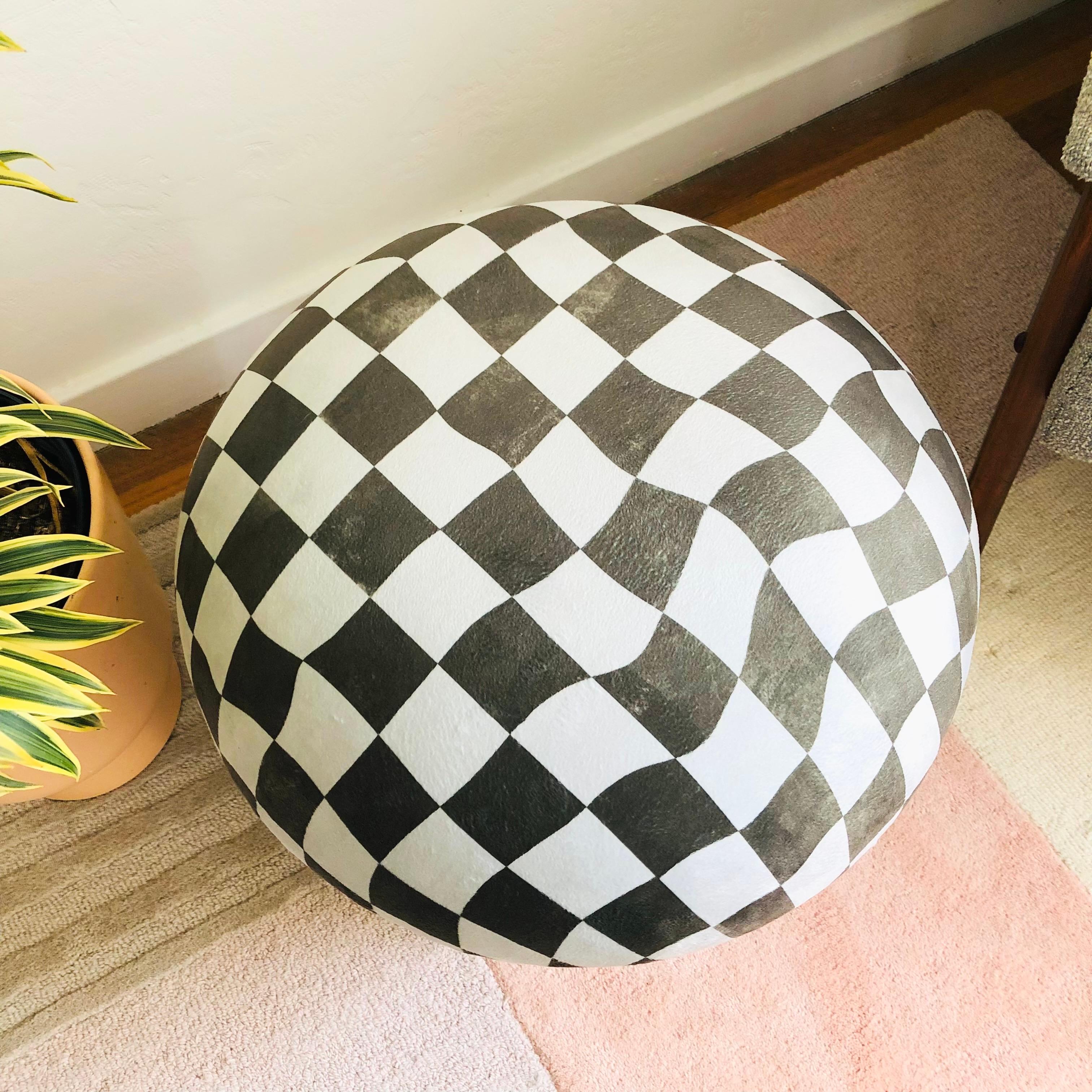 Mushroom Ottoman in Muted Olive Warped Checkered Velvet In New Condition For Sale In Vallejo, CA