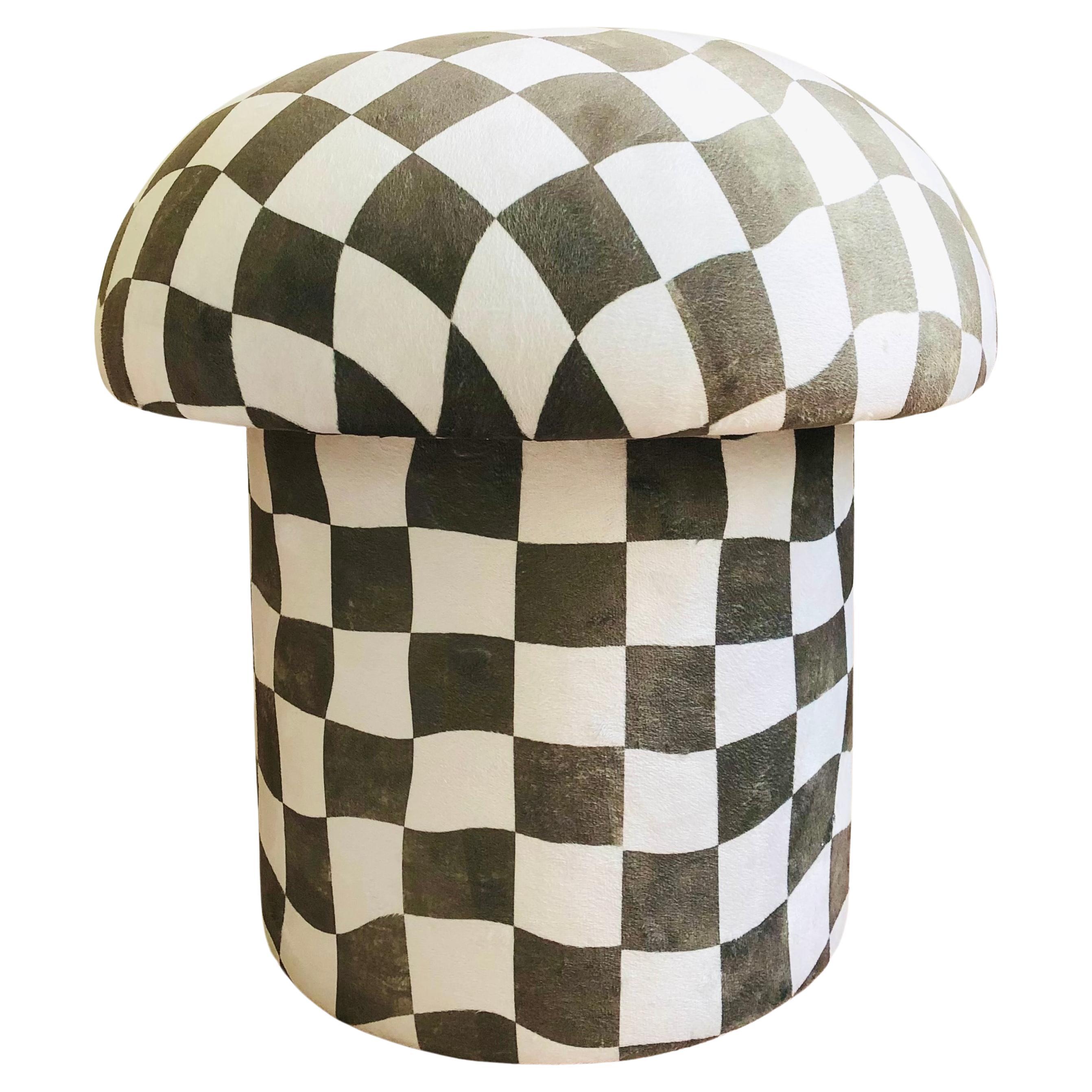 Mushroom Ottoman in Muted Olive Warped Checkered Velvet For Sale