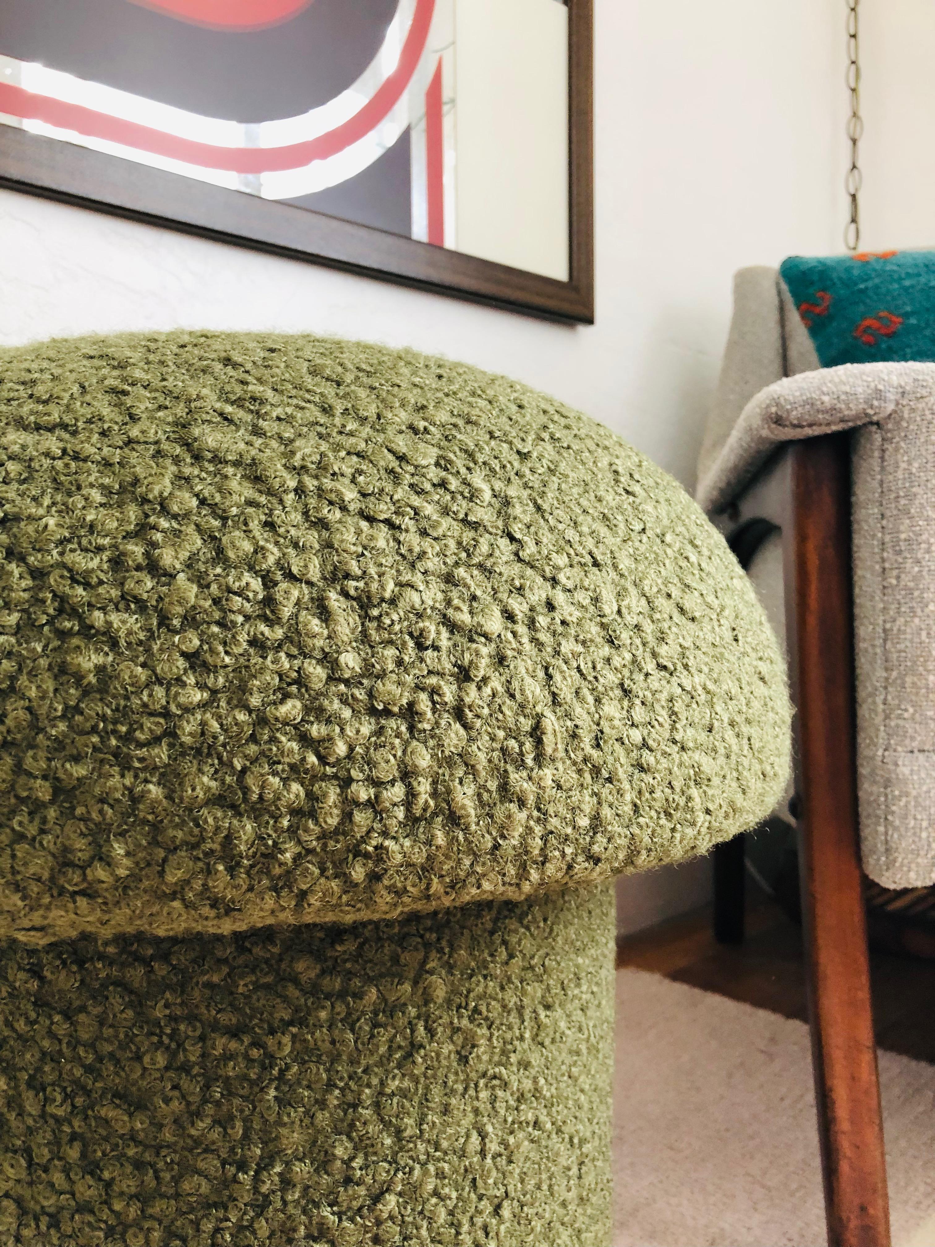 Mid-Century Modern Mushroom Ottoman in Olive Boucle