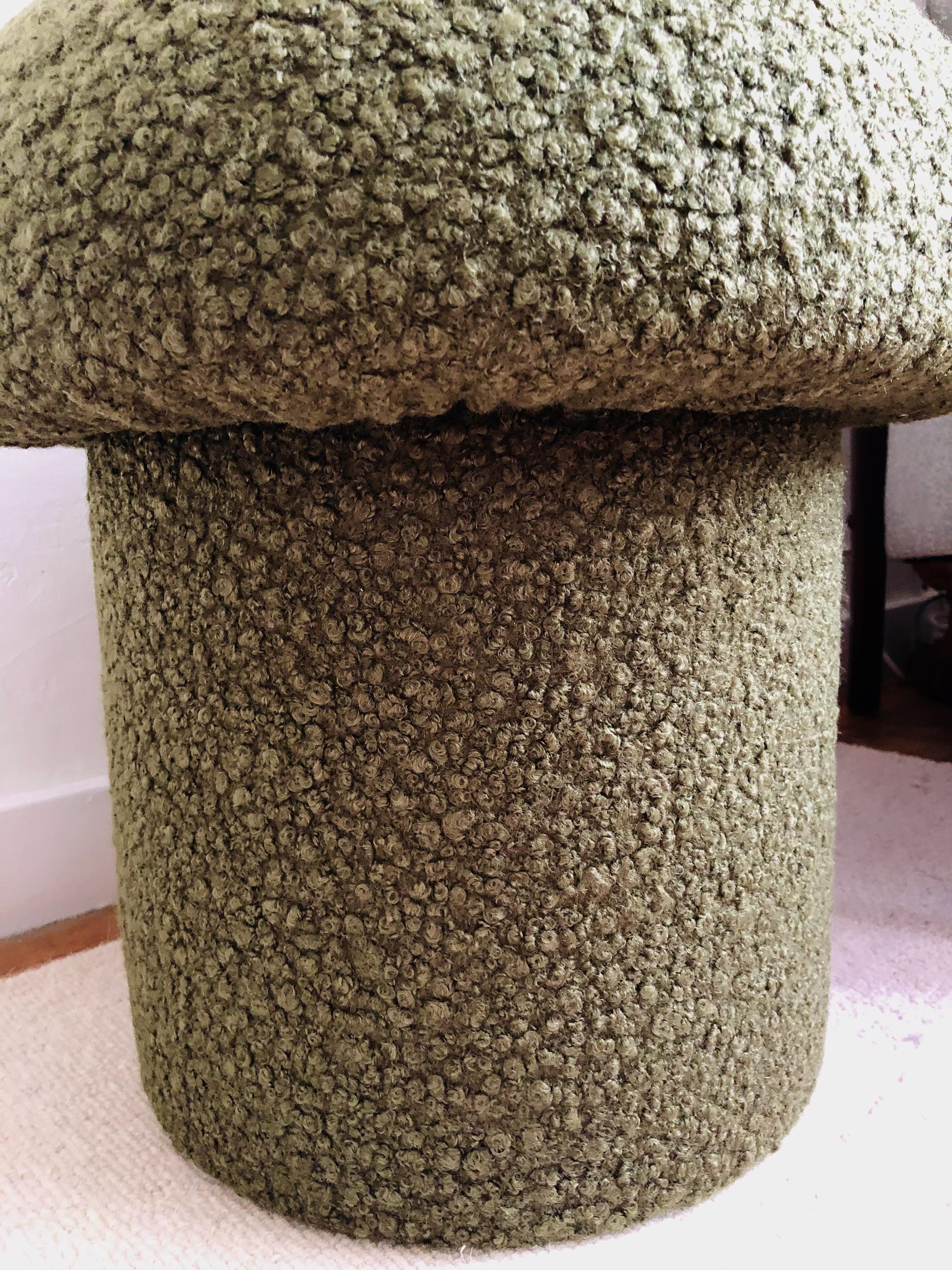 Mushroom Ottoman in Olive Boucle In New Condition For Sale In Vallejo, CA