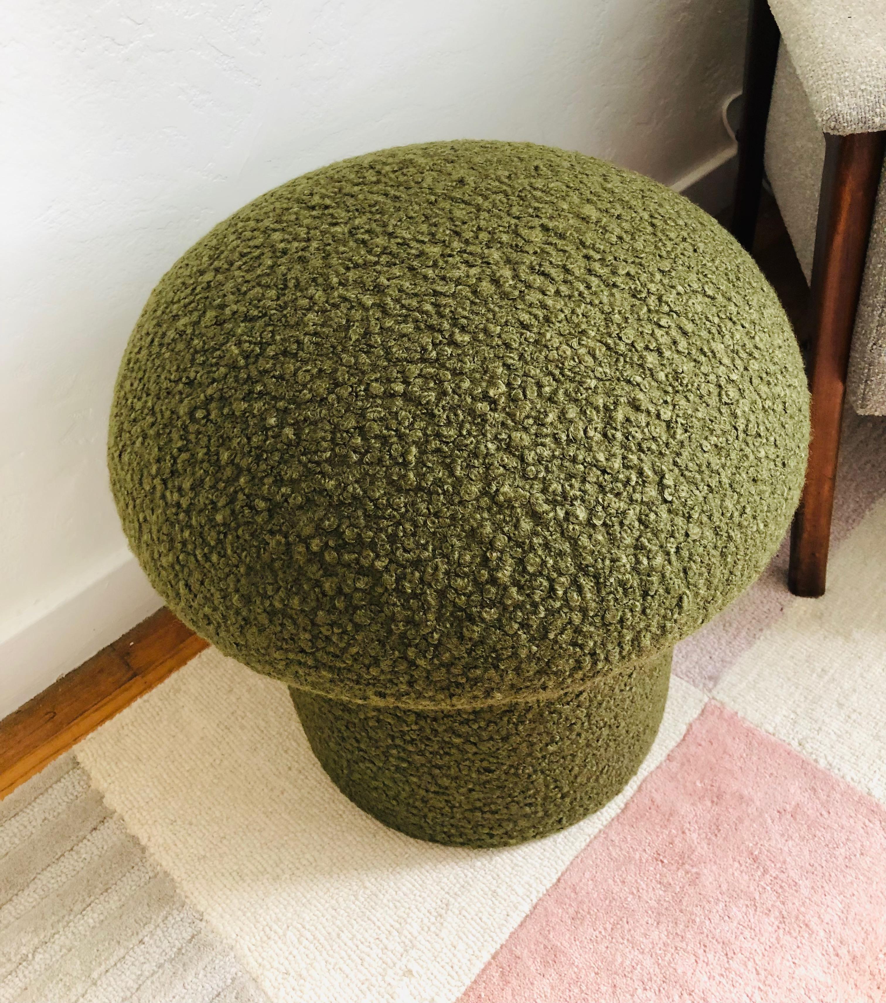 Contemporary Mushroom Ottoman in Olive Boucle For Sale