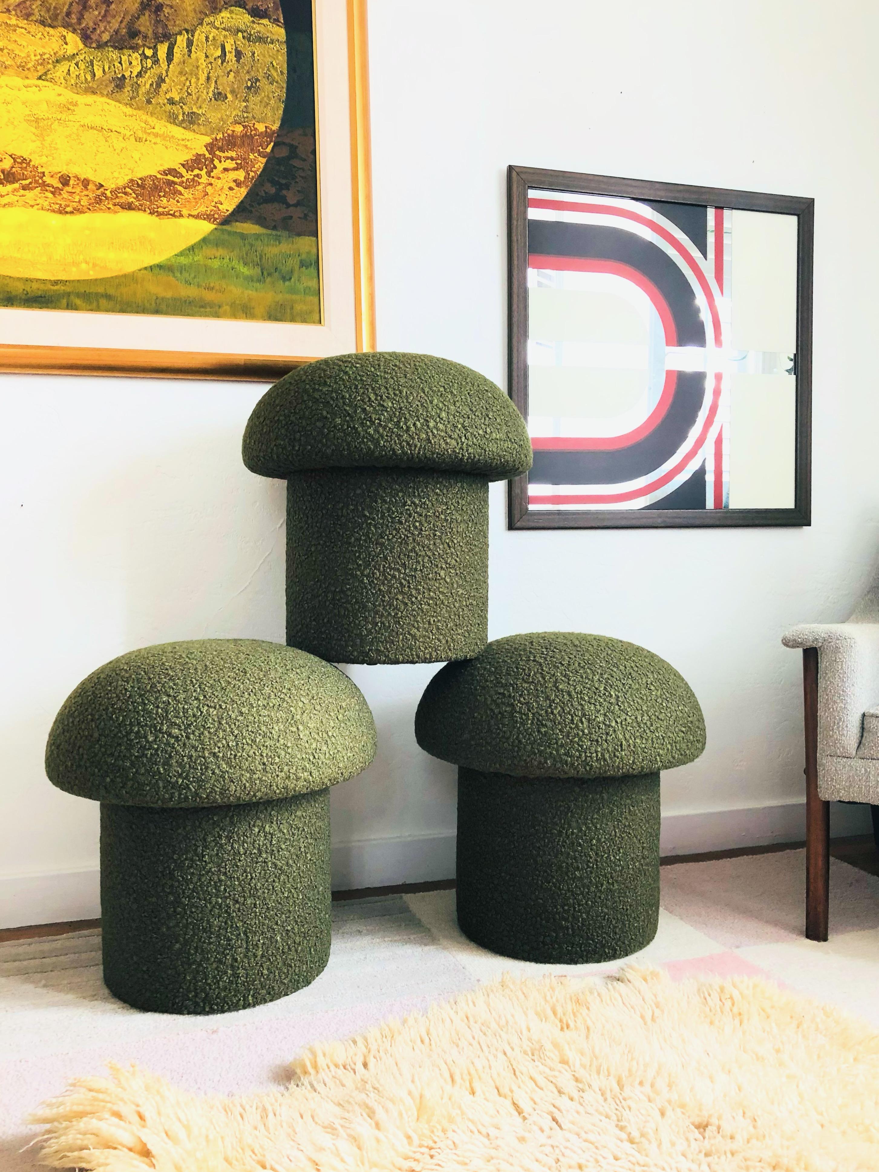 Mushroom Ottoman in Olive Boucle In New Condition In Vallejo, CA
