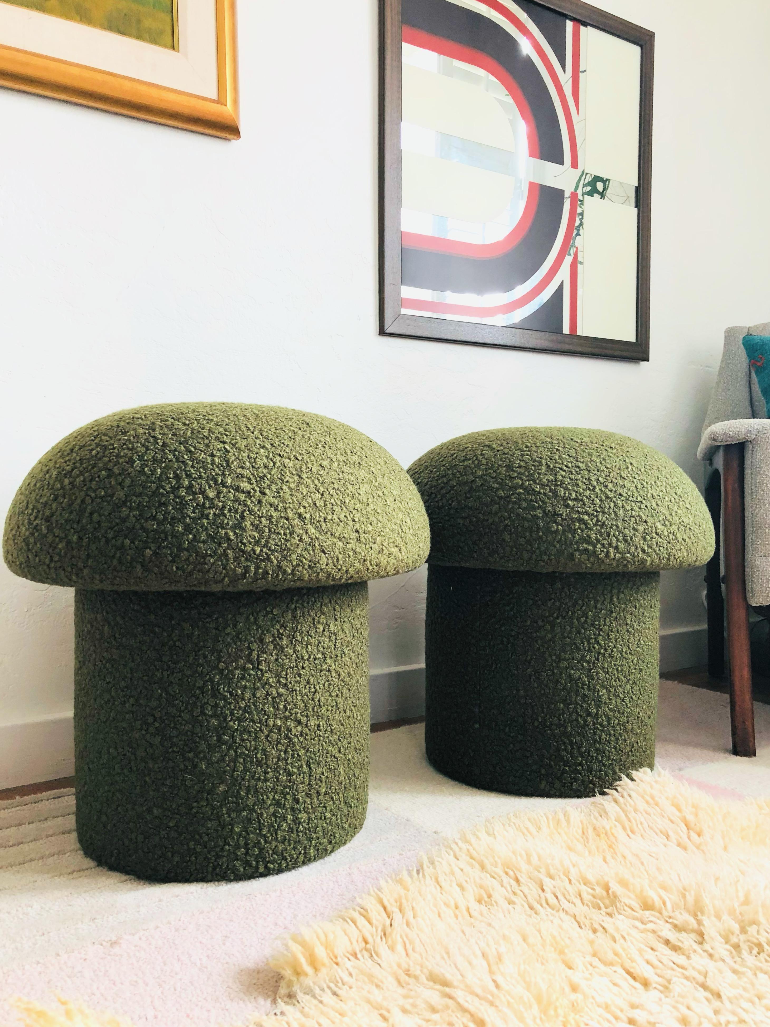 Contemporary Mushroom Ottoman in Olive Boucle