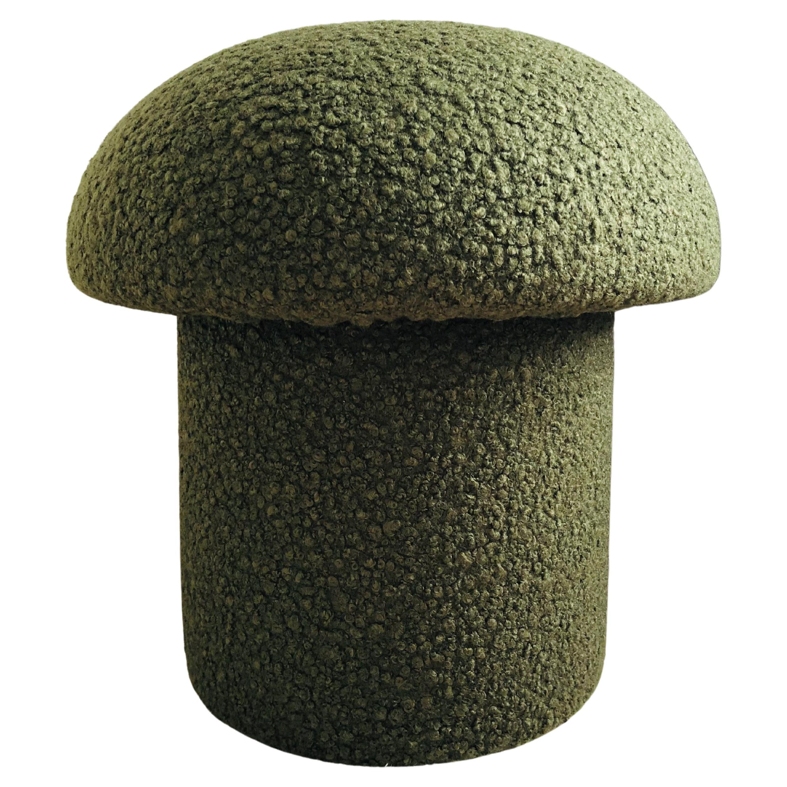 Mushroom Ottoman in Olive Boucle For Sale