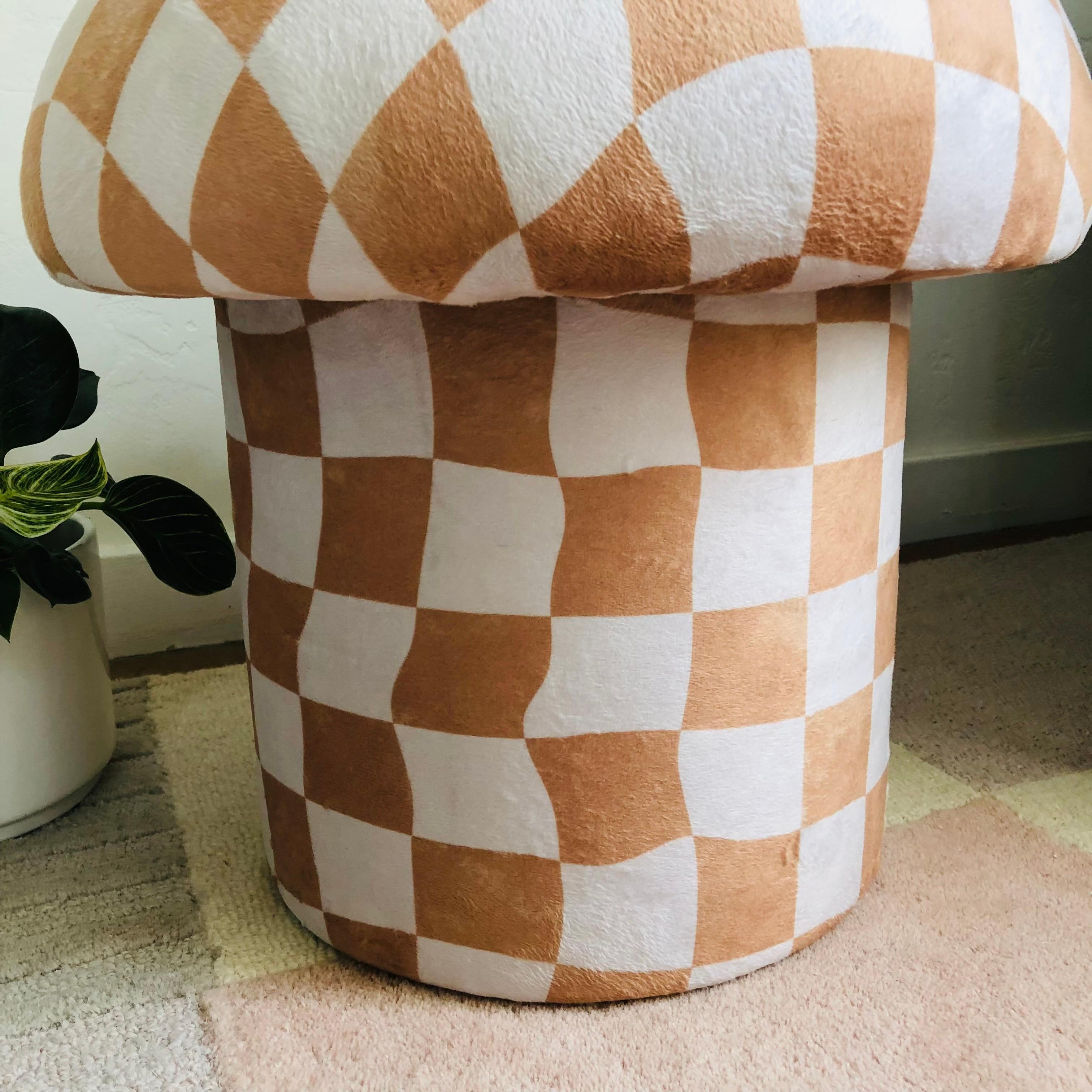 Mid-Century Modern Mushroom Ottoman in Tan Warped Checkered Velvet For Sale