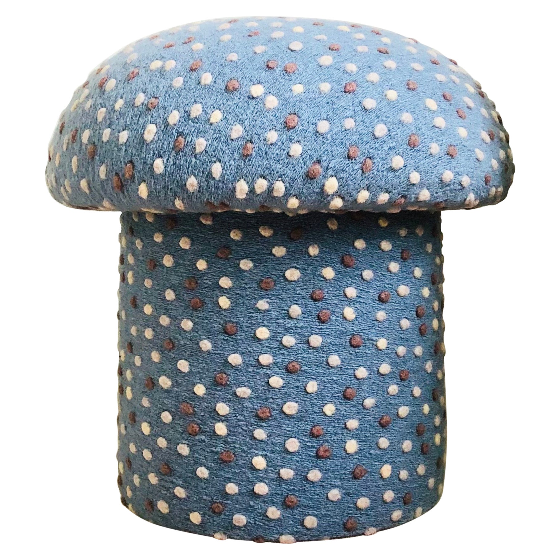 Mushroom Ottoman in Wool Denim Blue Dot For Sale