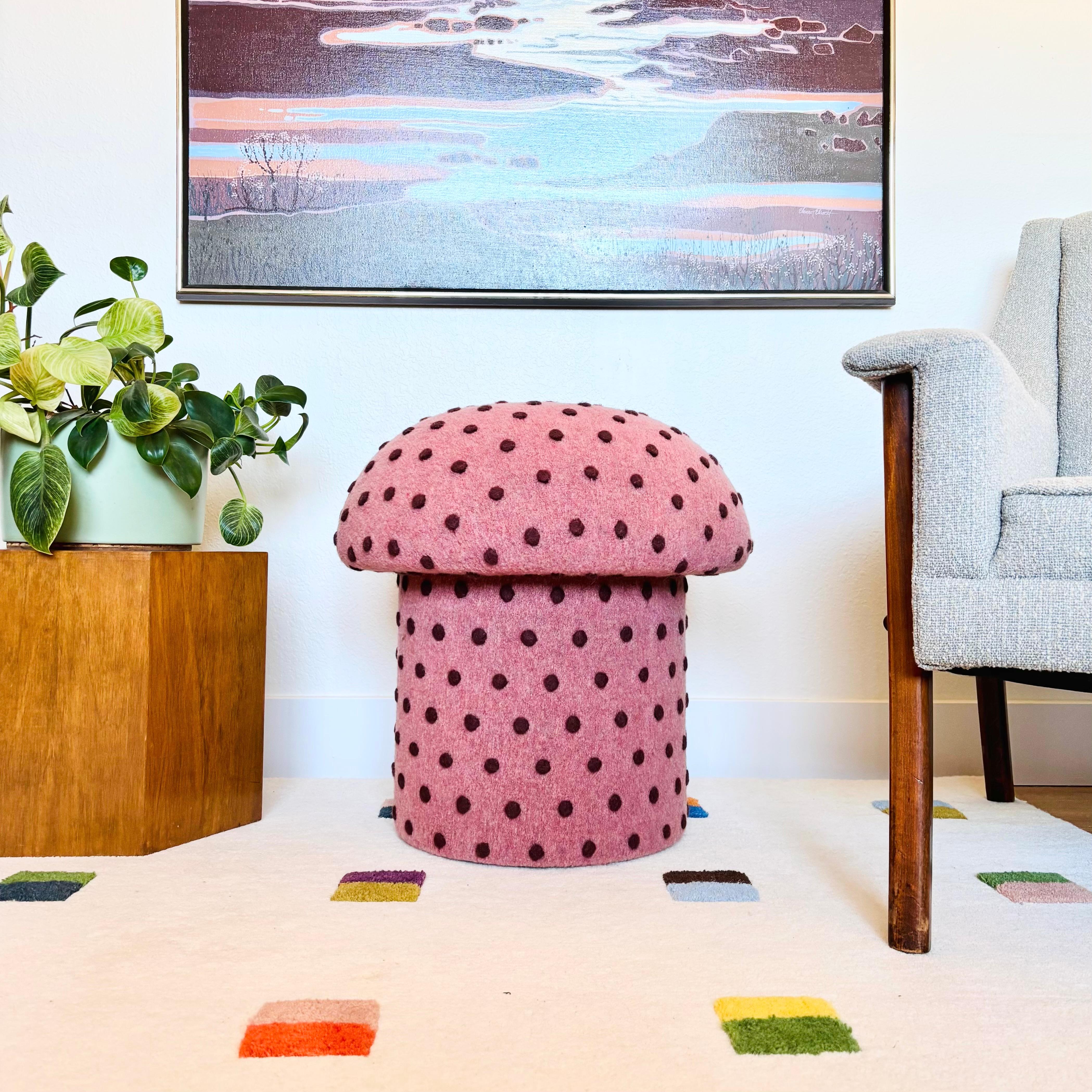 Modern Mushroom Ottoman in Wool Pink Dot - Small Dots For Sale