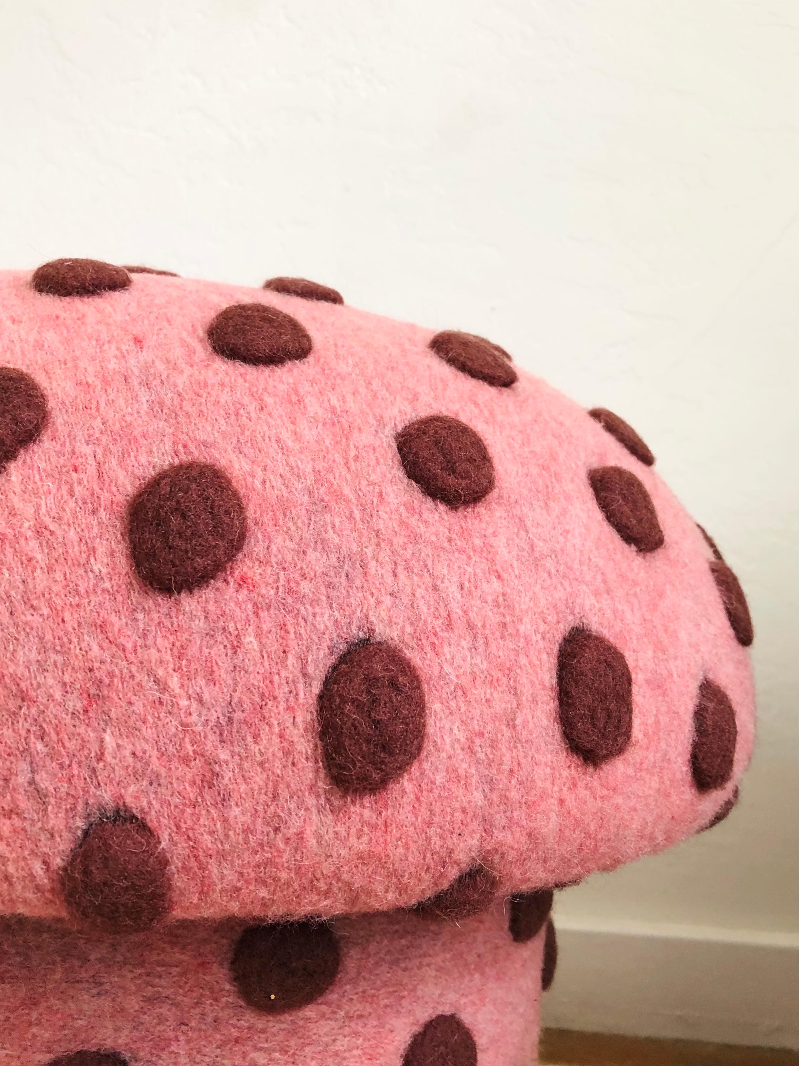 Modern Mushroom Ottoman in Wool Pink Dot
