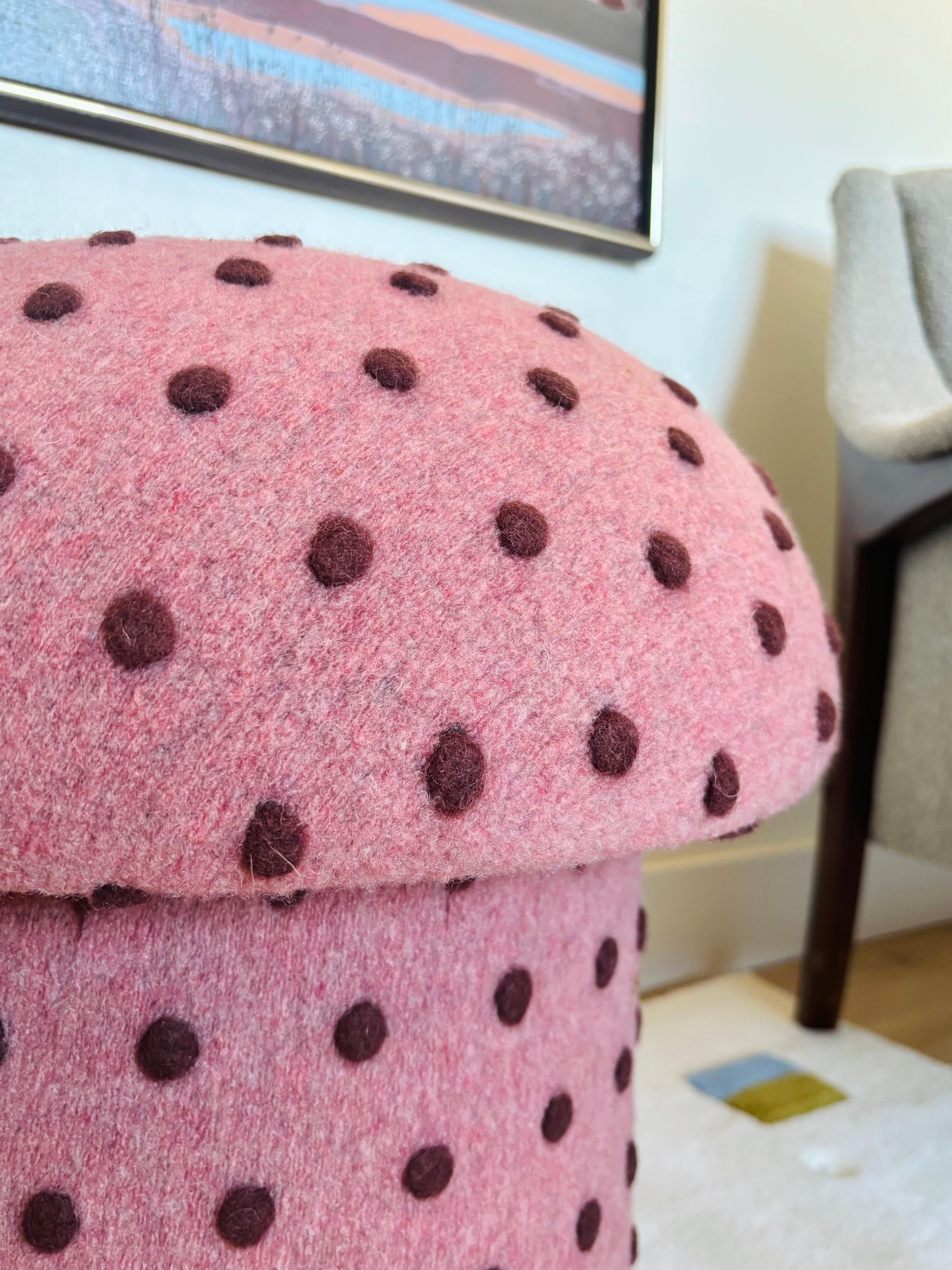 Contemporary Mushroom Ottoman in Wool Pink Dot - Small Dots For Sale