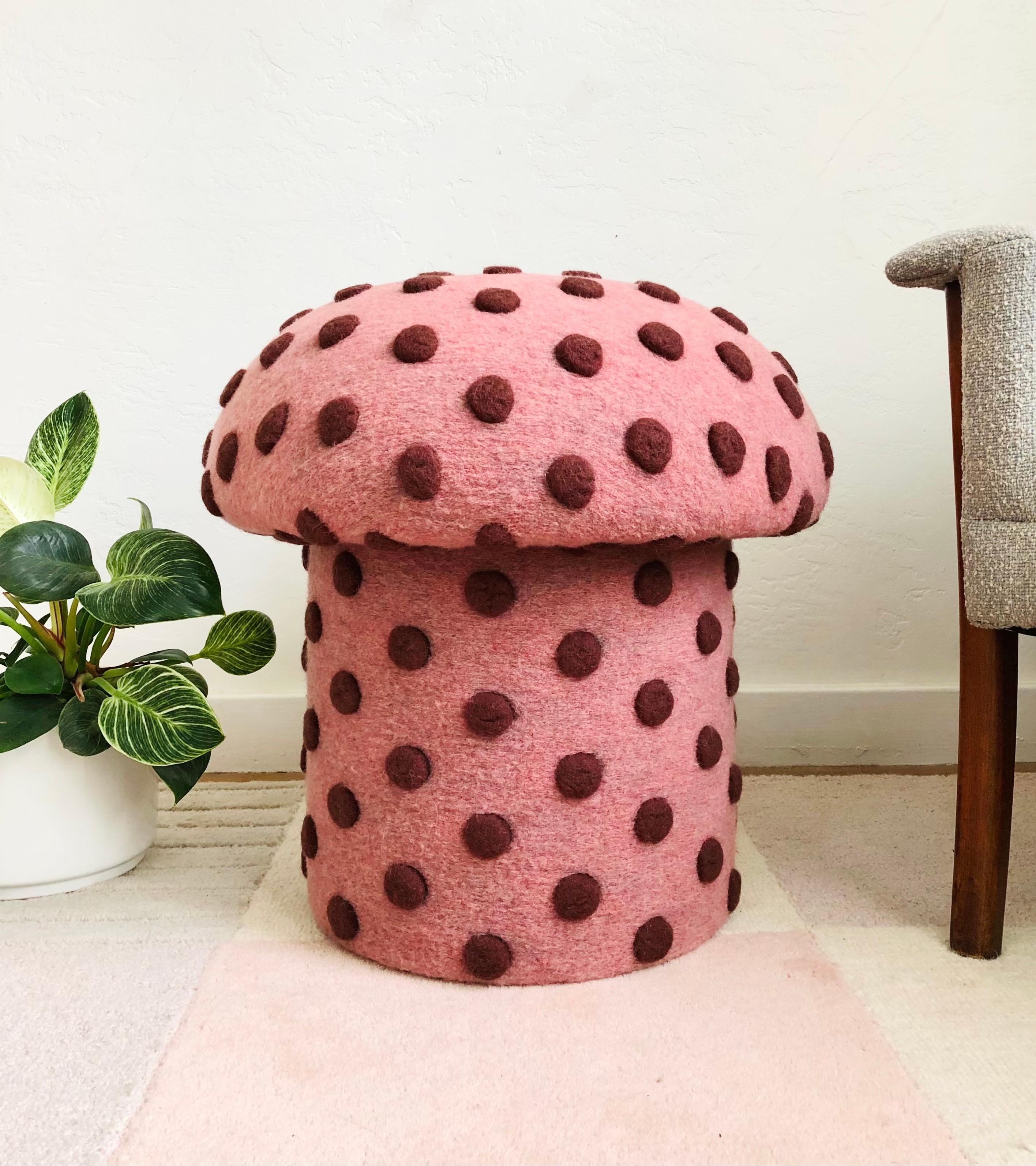 Modern Mushroom Ottoman in Wool Pink Dot - Large Dots For Sale