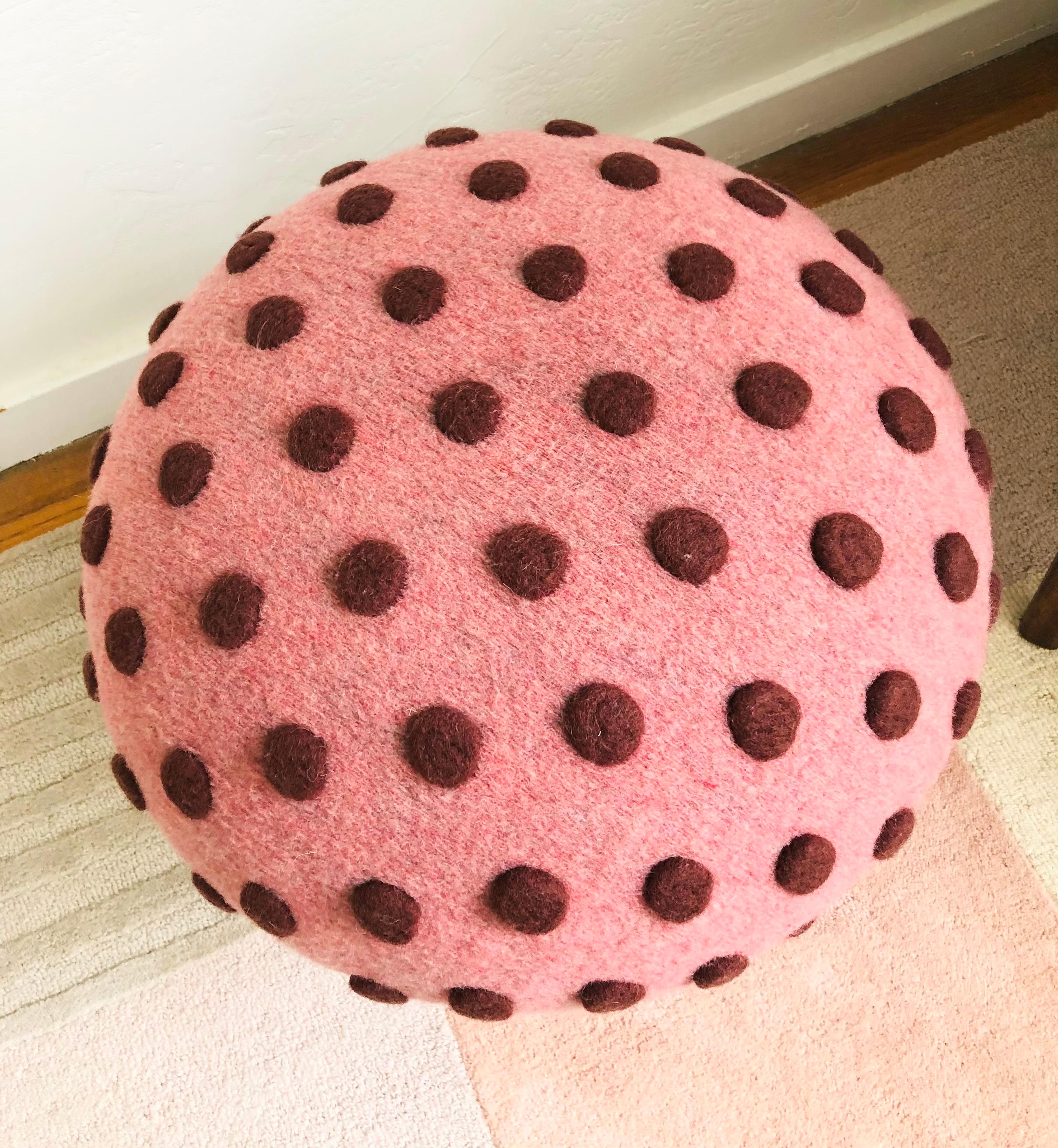 Contemporary Mushroom Ottoman in Wool Pink Dot - Large Dots For Sale