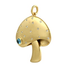 Mushroom Pendant With Blue Topaz & Diamonds Made In 14k Yellow Gold