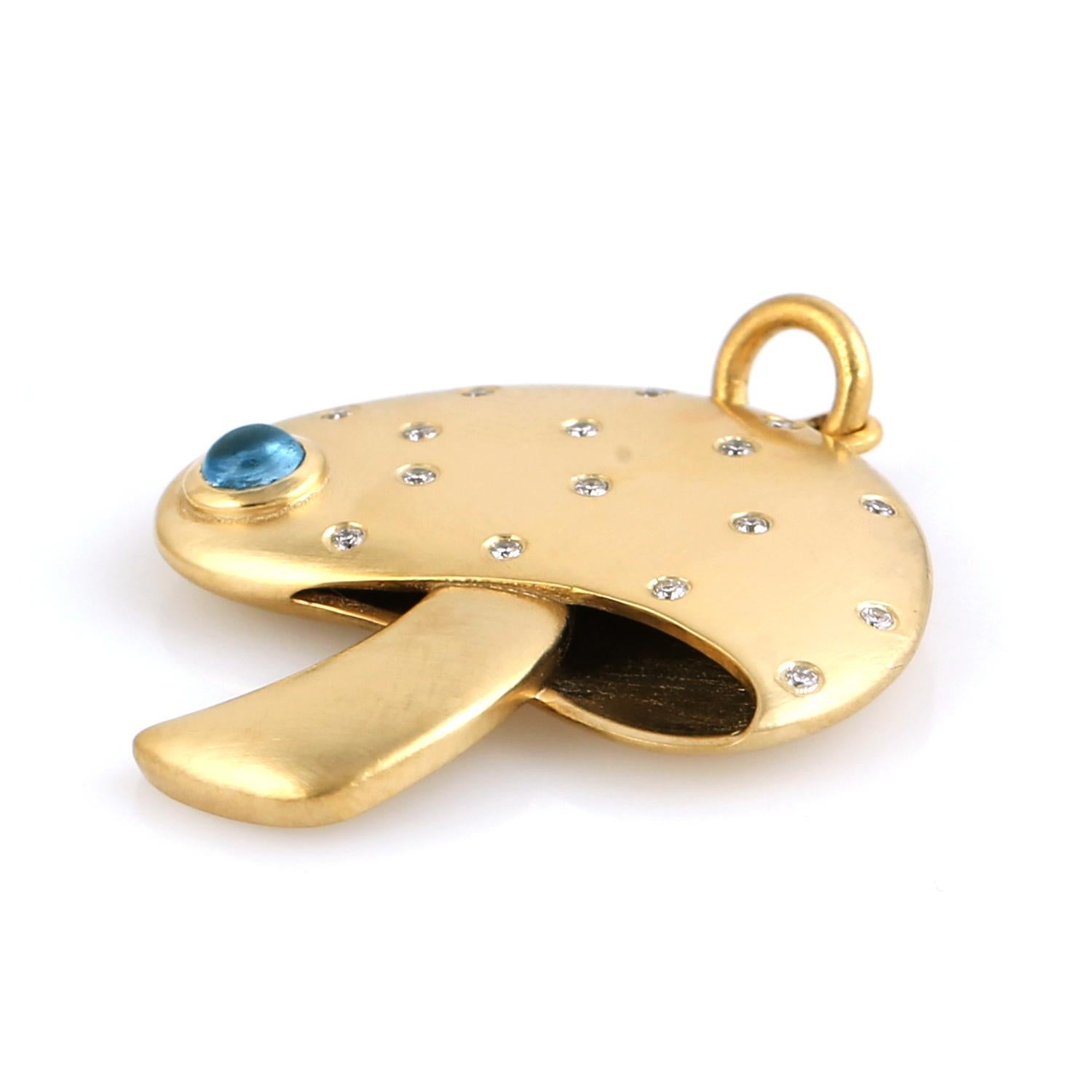 Mixed Cut Mushroom Pendant With Blue Topaz & Diamonds Made In 14k Yellow Gold For Sale