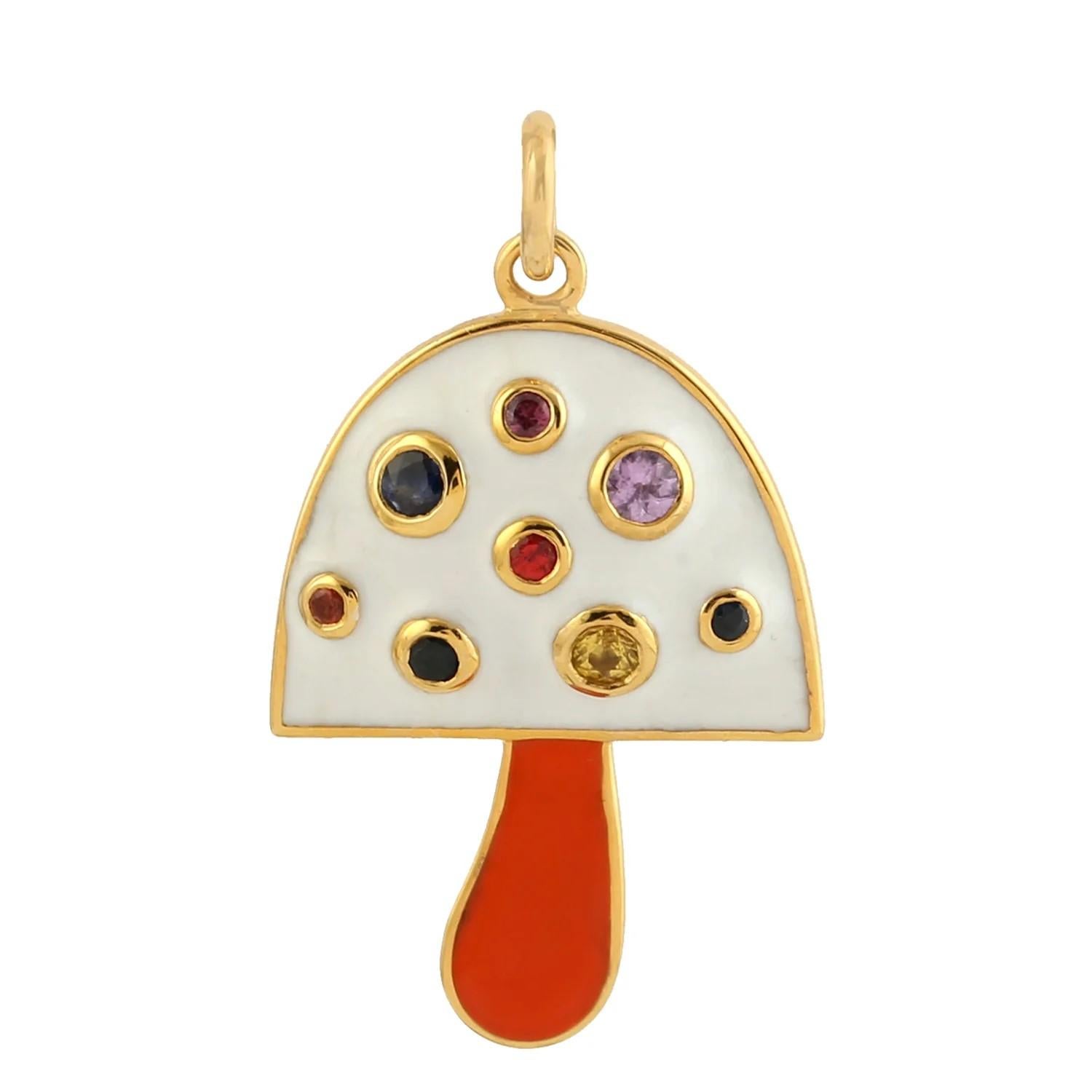 Modern Mushroom Sapphire 14k Gold Enamel Pendant Necklace For Sale