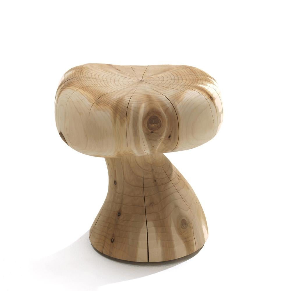 Stool mushroom in solid natural aromatic
cedar wood. Made in one block of cedar wood.
Treated with natural pine extracts.
Solid cedar wood include movement, 
cracks and changes in wood conditions, 
this is the essential characteristic of natural