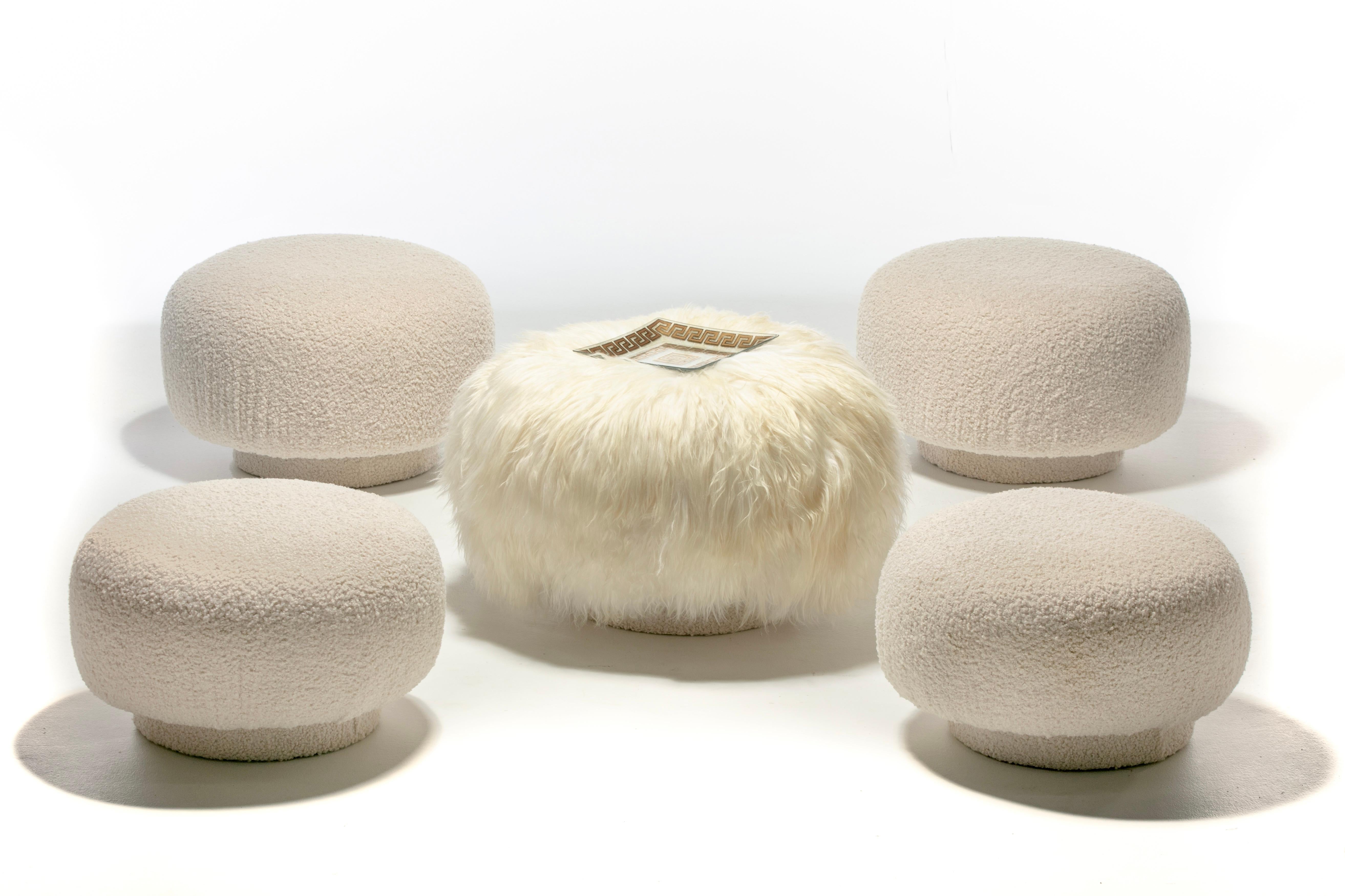 Mushroom Swivel Top Post Modern Style Ottoman Pouf in Ivory White Bouclé For Sale 5