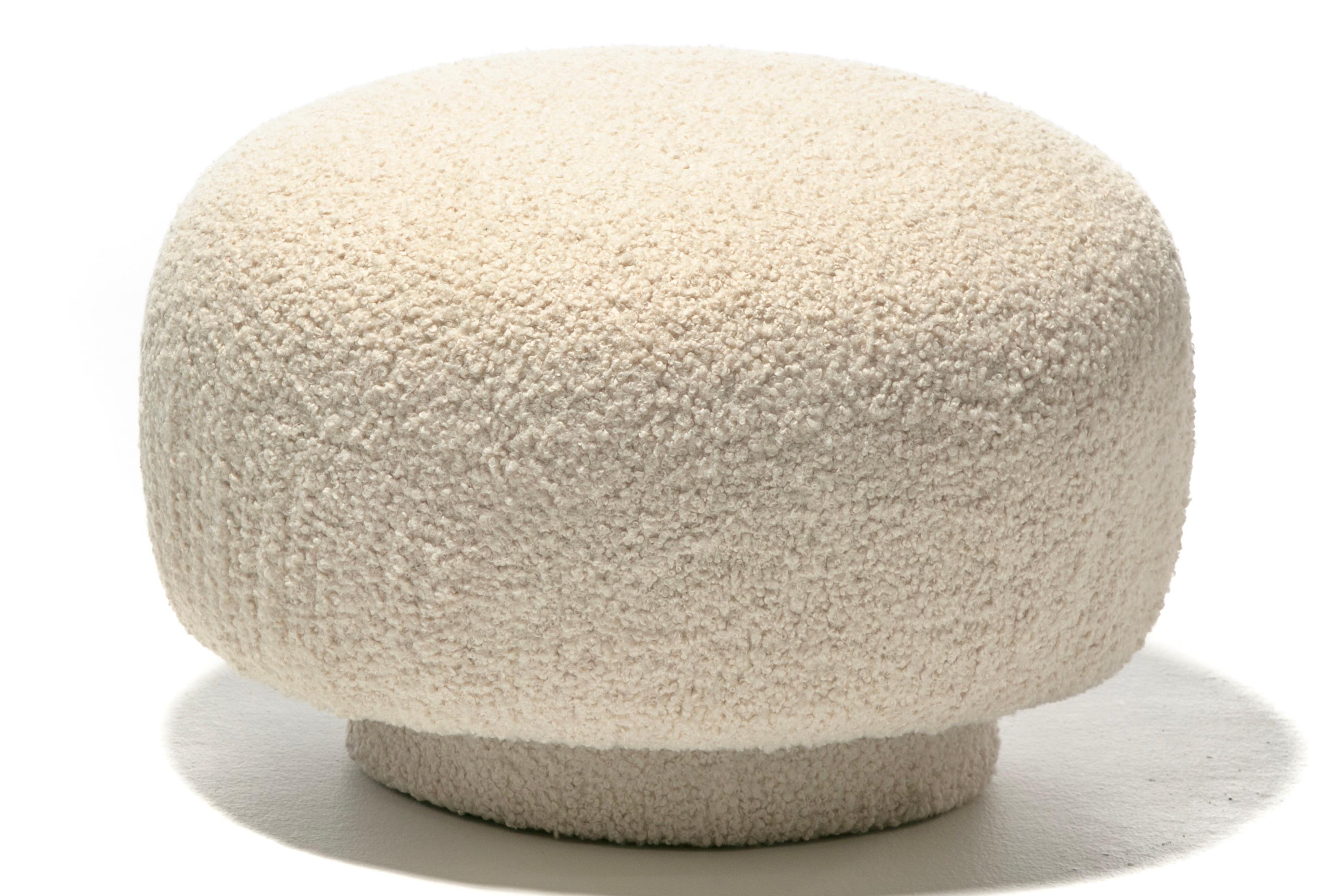 American Mushroom Swivel Top Post Modern Style Ottoman Pouf in Ivory White Bouclé For Sale