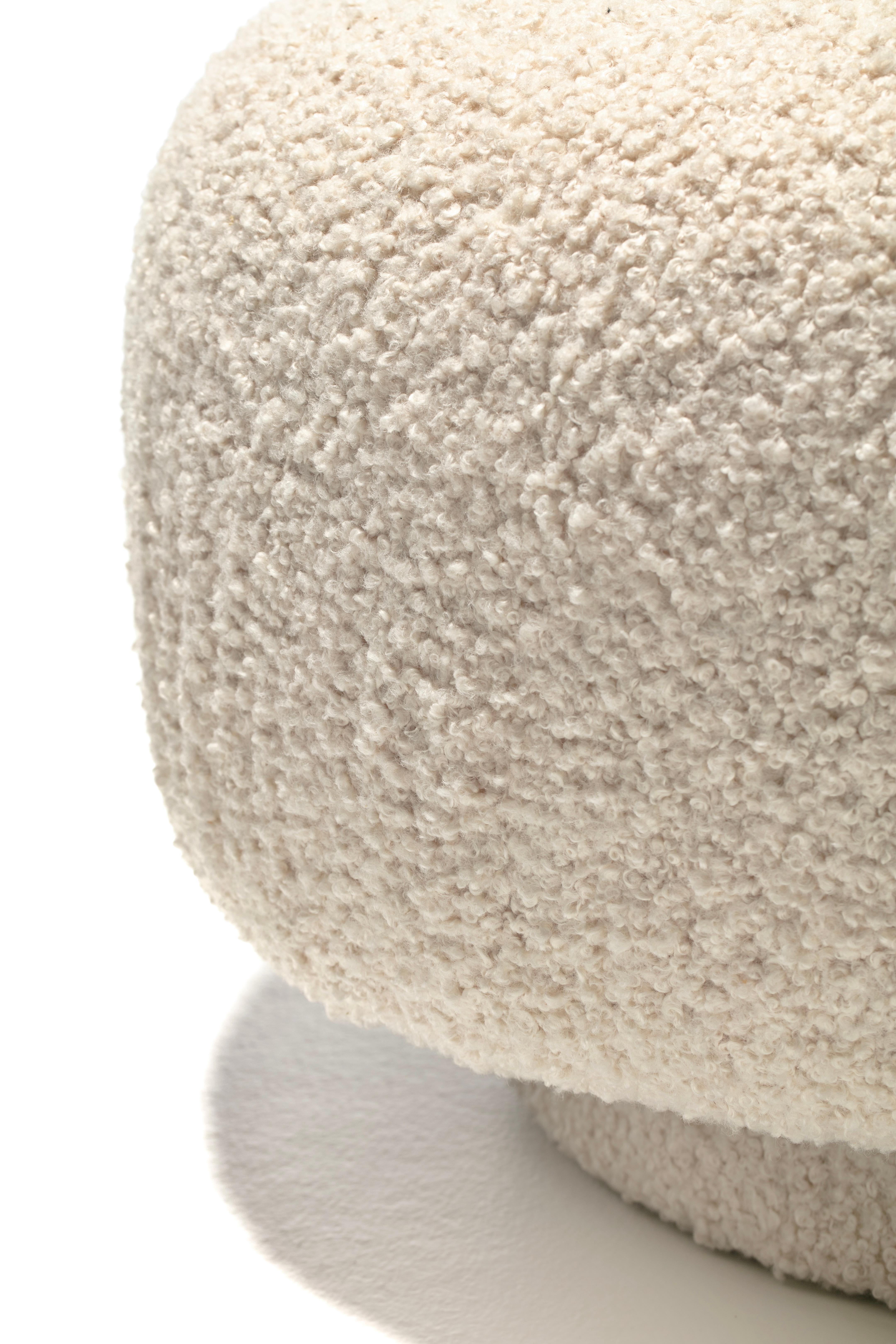 Contemporary Mushroom Swivel Top Post Modern Style Ottoman Pouf in Ivory White Bouclé For Sale