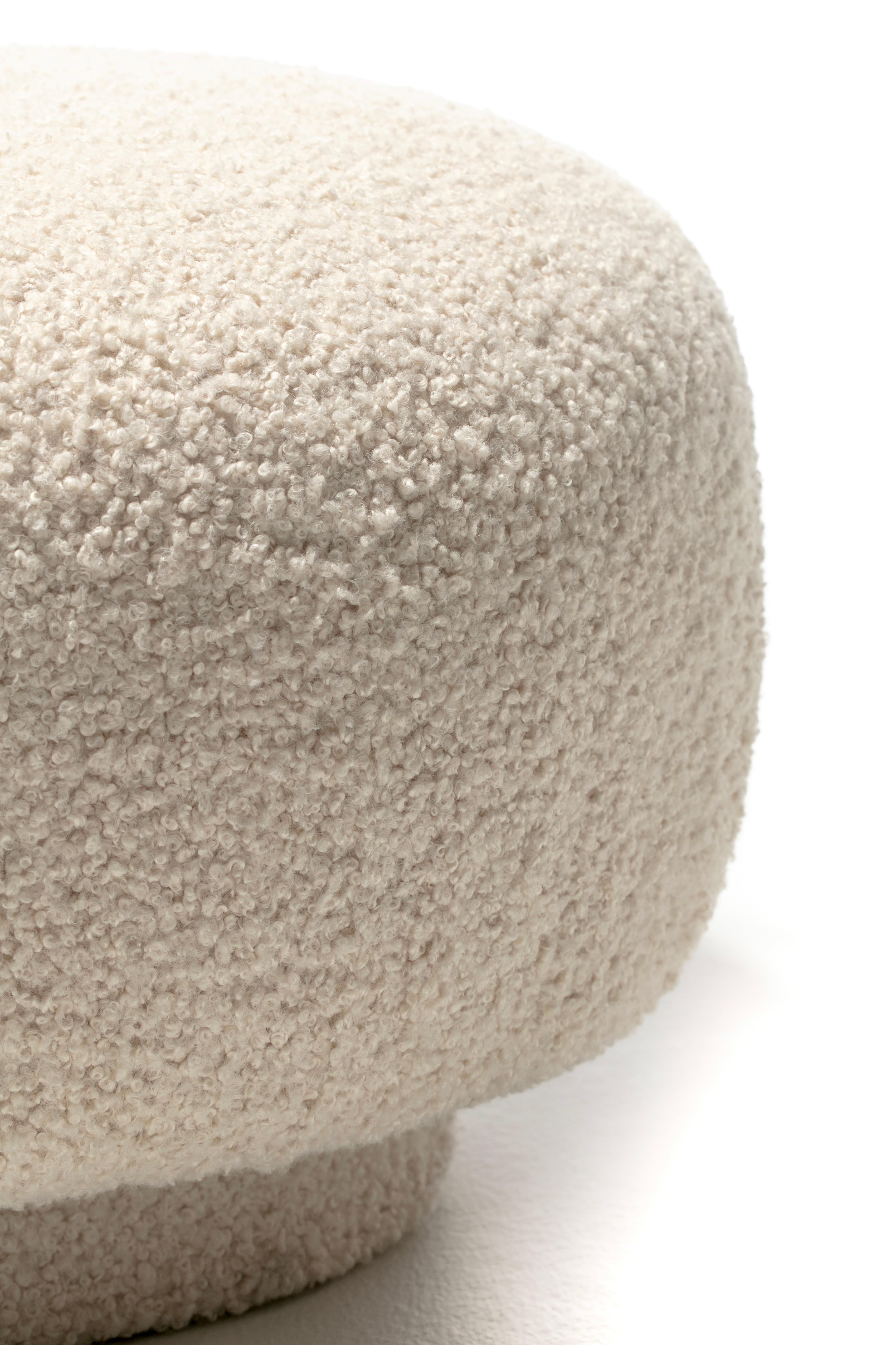 Upholstery Mushroom Swivel Top Post Modern Style Ottoman Pouf in Ivory White Bouclé For Sale