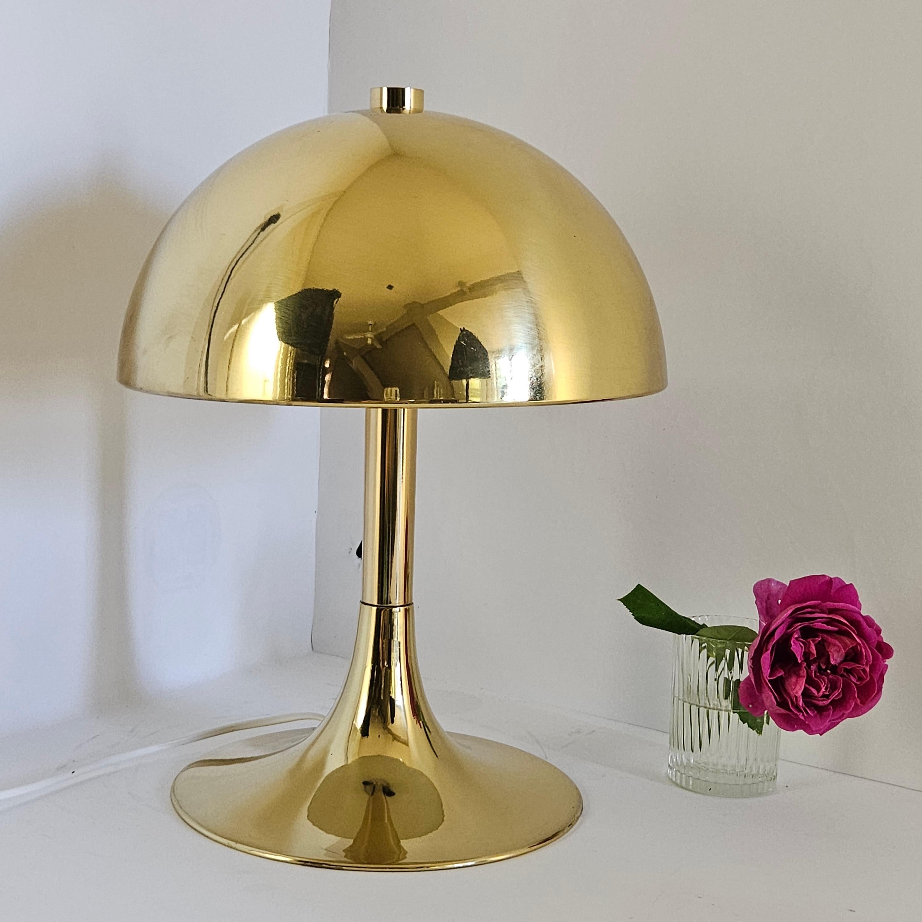 Very nice table lamp, fabricated in Italy in the 70's.

The elegant shape makes it look like a mushroom.
The shiny brass gives a stunning effect.

Some normal traces of use, see the pictures.
The lamp is rewired by a professional.