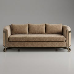 Mushroom Velvet Sofa with Sand Ostrich Leather Panels and Dark Bronze Frame