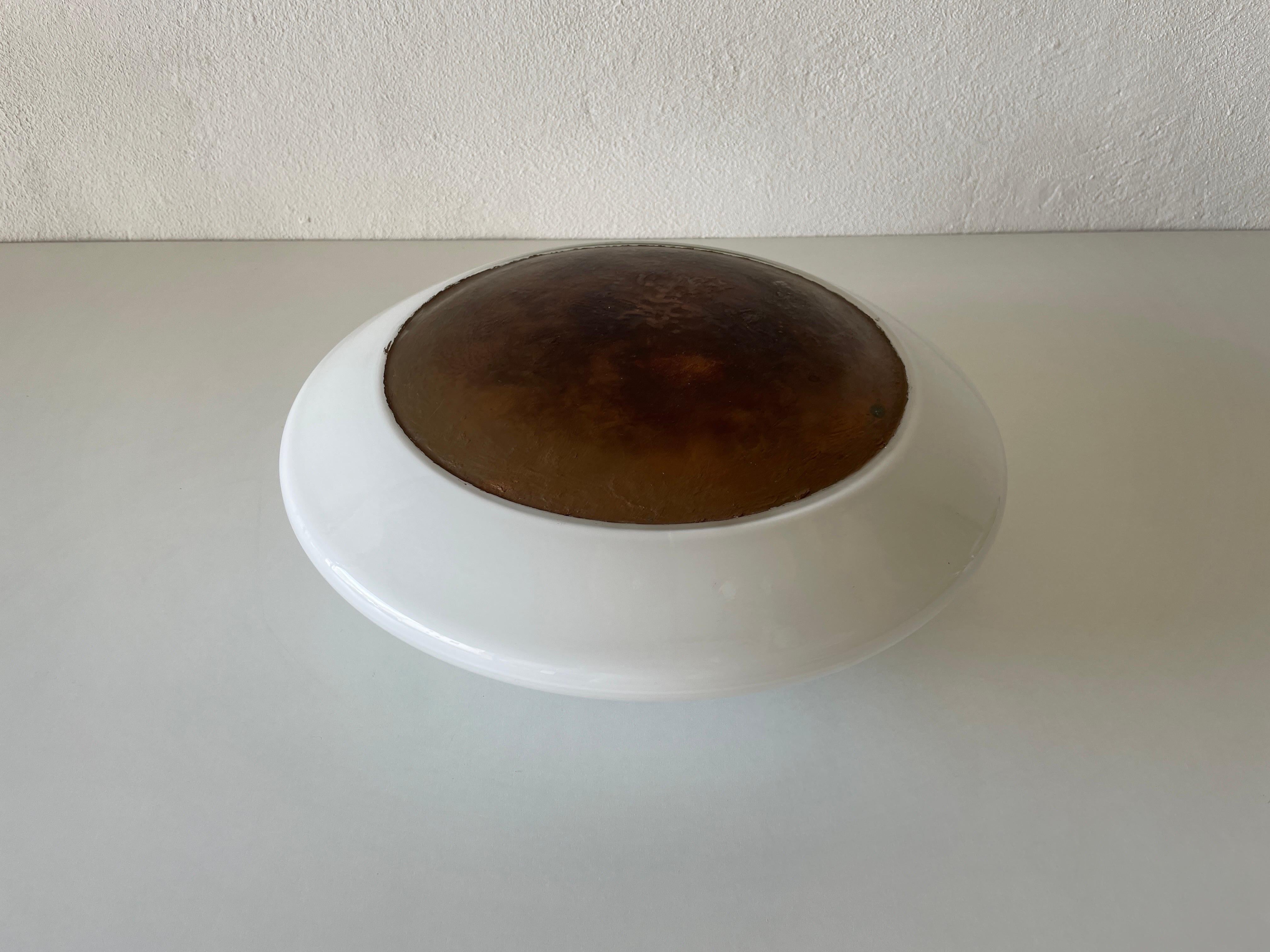 Mushroom White Glass Flush Mount Ceiling or Wall Lamp with Copper paint detail by Peill Putzler, 1960s, Germany

Sculptural very elegant rare design flush mount. 

It is very ideal and suitable for all living areas.

Lamp is in good condition. No