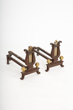 Music at the Hearth: Pair of 19th C Lyre Andirons