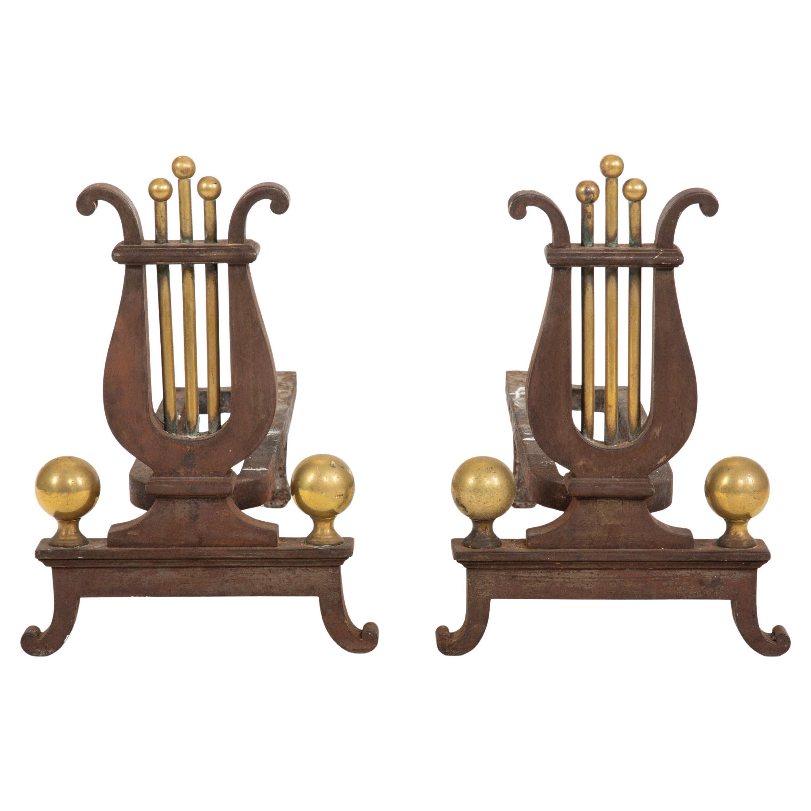 Music at the Hearth: Pair of 19th C Lyre Andirons en vente