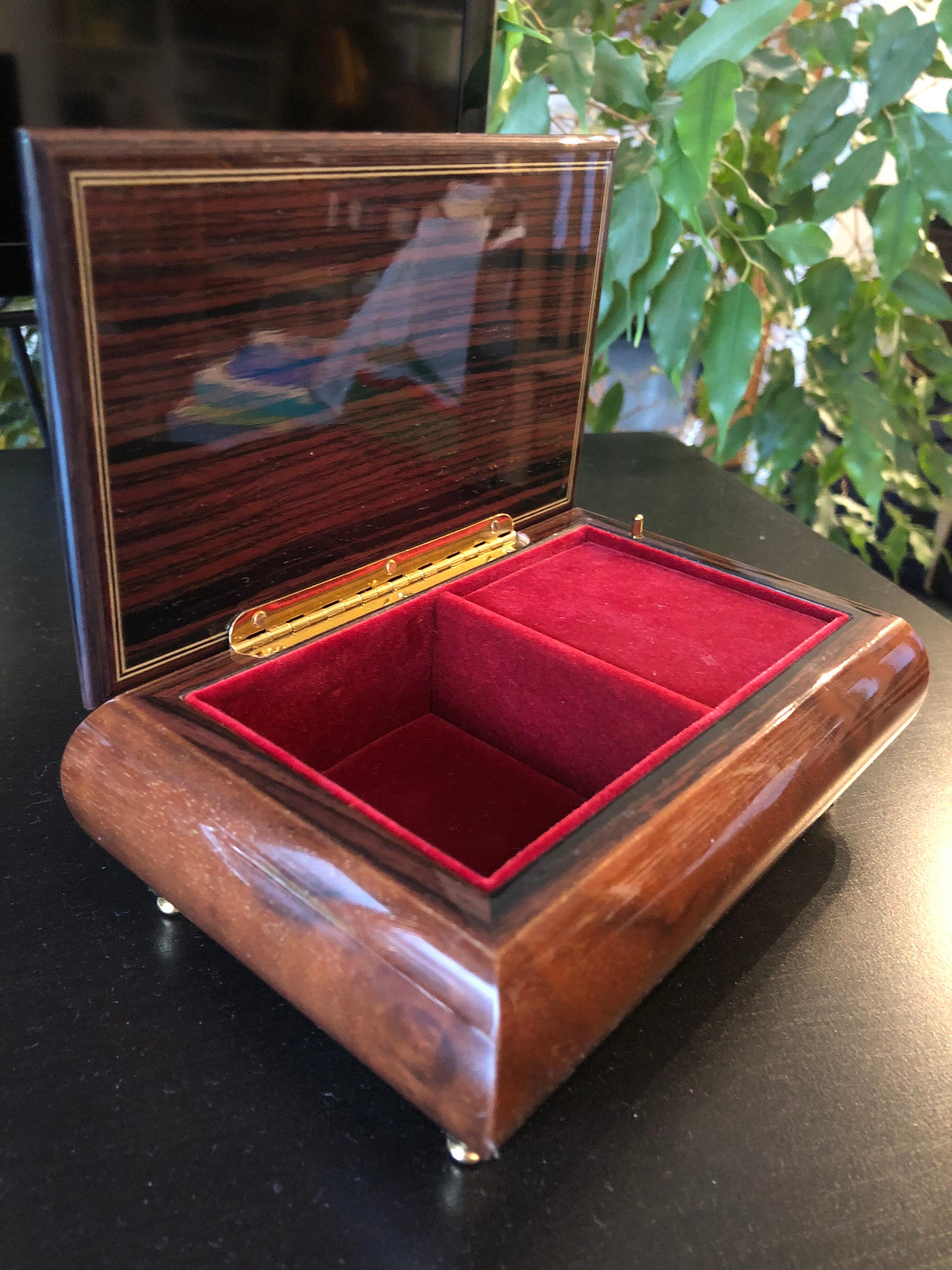 Jewelry Box by Towle • High Gloss Piano Finish • Burled Walnut w/ Inlaid Border